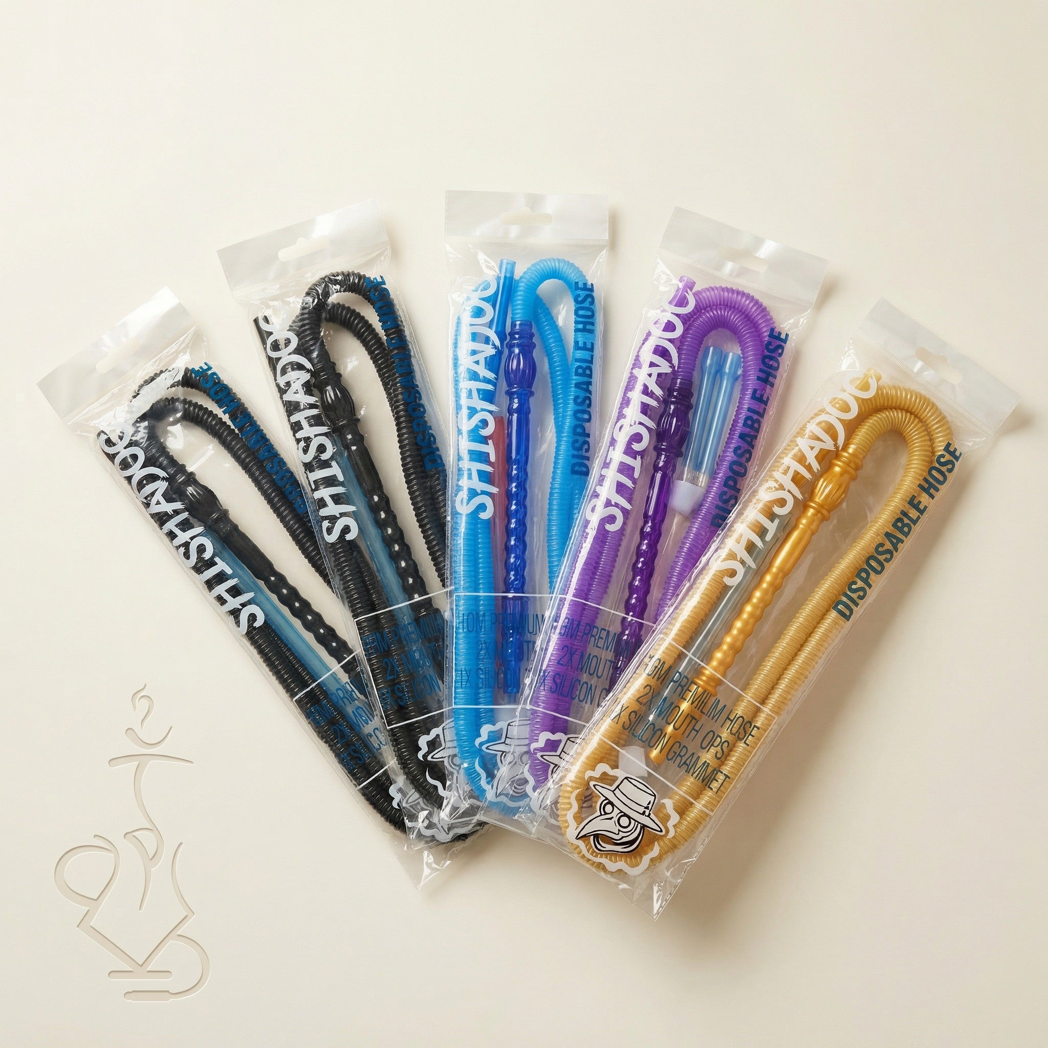 ShishaDoc 1.8m disposable hookah hose 5-pack showing mixed colour assortment in sealed branded packaging