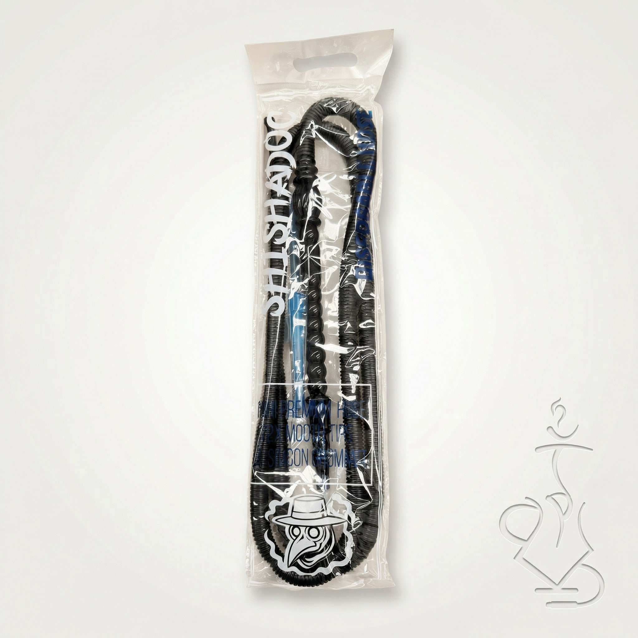 ShishaDoc 1.8m disposable hookah hose in black sealed in branded cellophane packaging