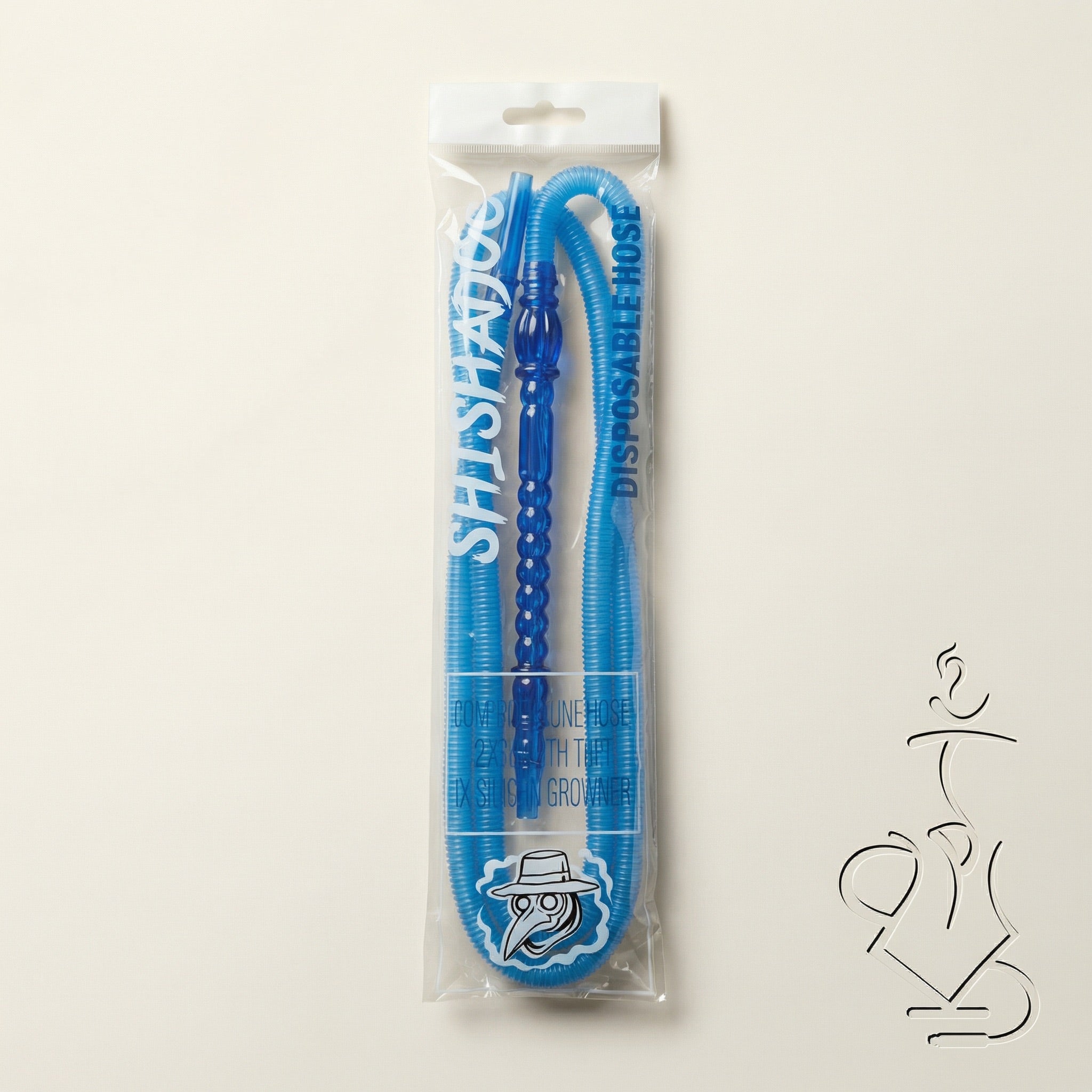 ShishaDoc 1.8m disposable hookah hose in blue sealed in branded cellophane packaging