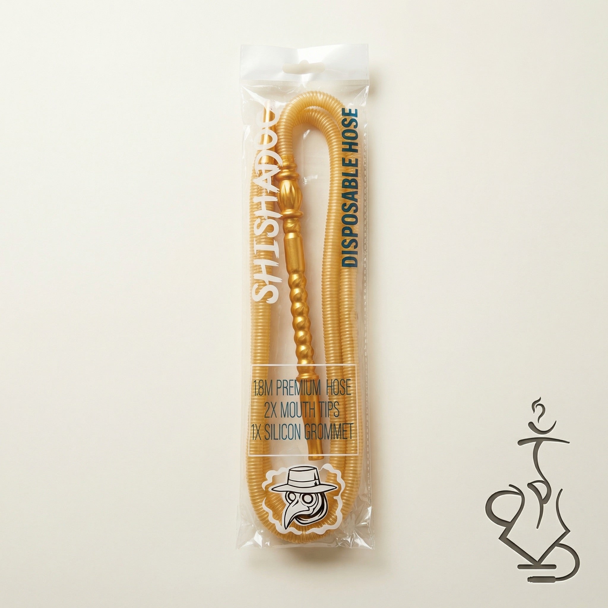 ShishaDoc 1.8m disposable hookah hose in gold sealed in branded cellophane packaging