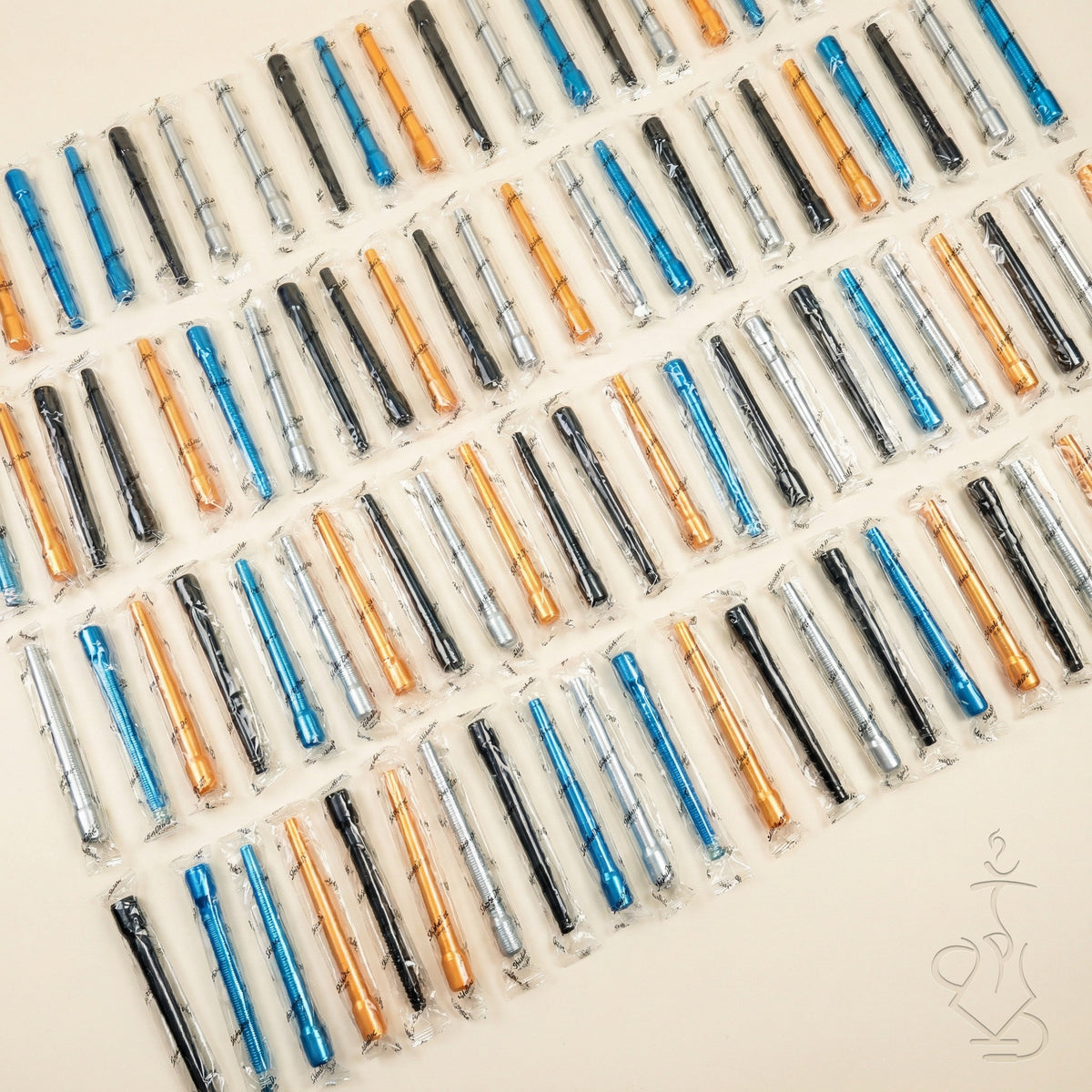 100-pack of ShishaDoc disposable hookah mouth tips in long size arranged in a flat-lay grid showing mixed colour assortment, image 9 of 18