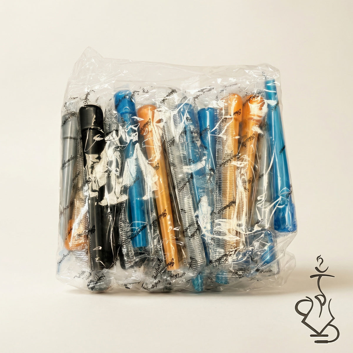 Sealed bag of individually wrapped ShishaDoc disposable hookah mouth tips in long size showing mixed colour assortment, image 8 of 18