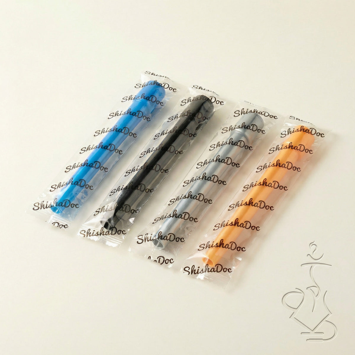 Four individually wrapped ShishaDoc disposable mouth tips in long size showing blue, black, silver, and orange colours, image 6 of 18
