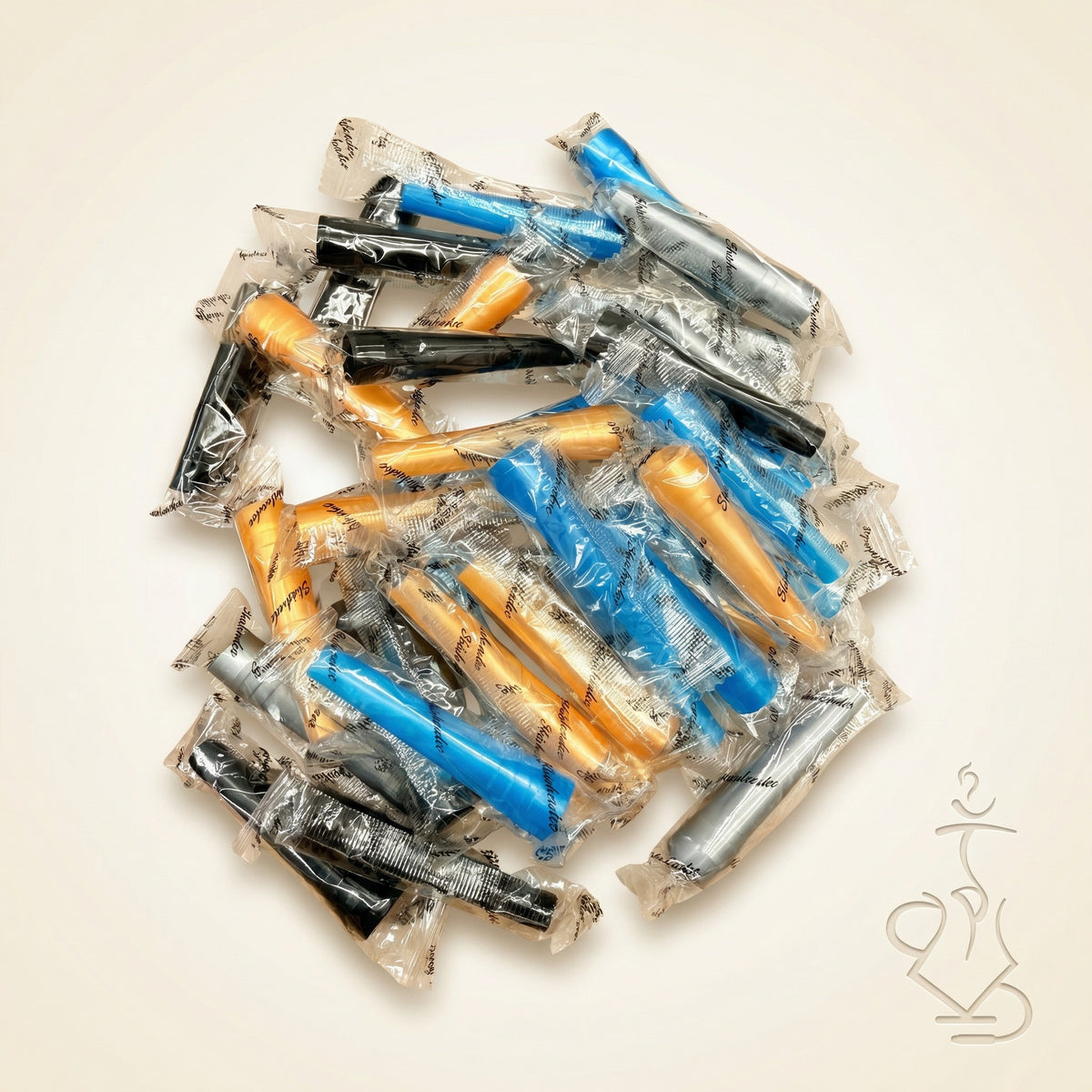 Pile of individually wrapped ShishaDoc disposable hookah mouth tips in short size showing mixed blue, black, silver, and orange colours, image 7 of 18