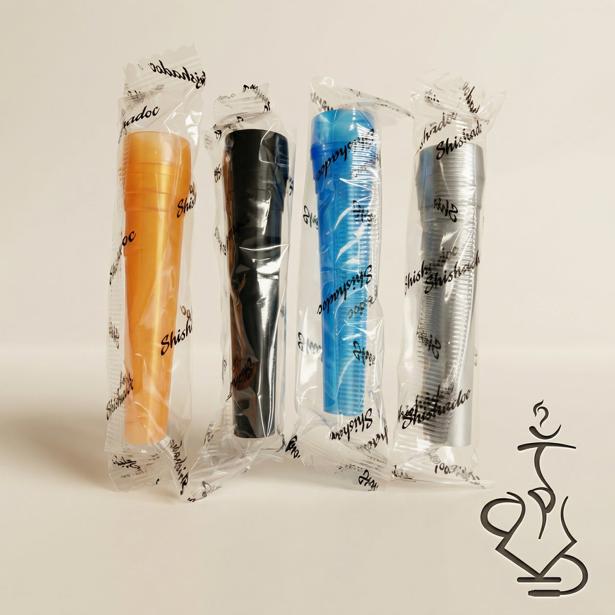 Four individually wrapped ShishaDoc disposable mouth tips in short size showing blue, black, silver, and orange colours, image 5 of 18