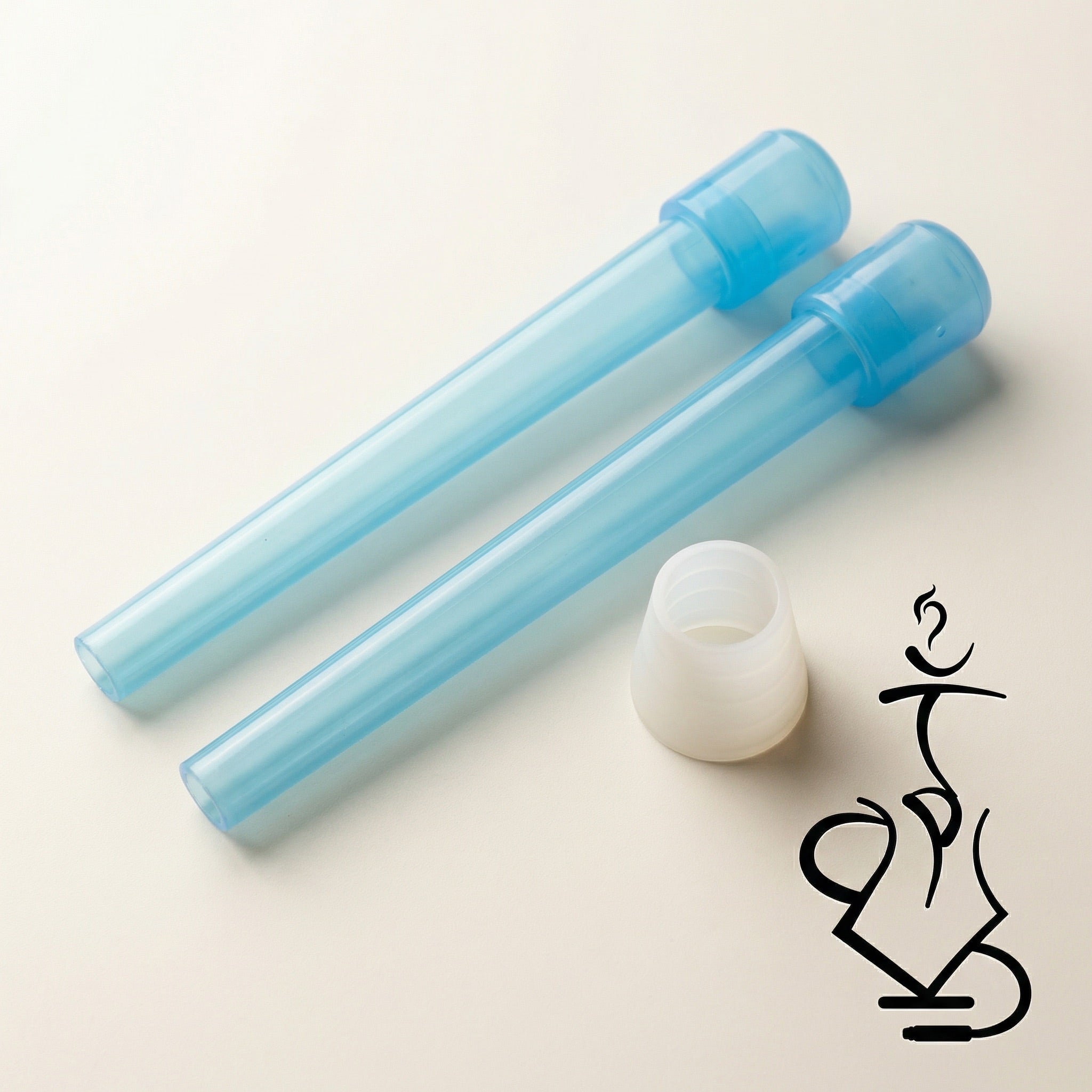 Two translucent blue disposable mouth tips and white silicone grommet included with ShishaDoc 1.8m disposable hookah hose