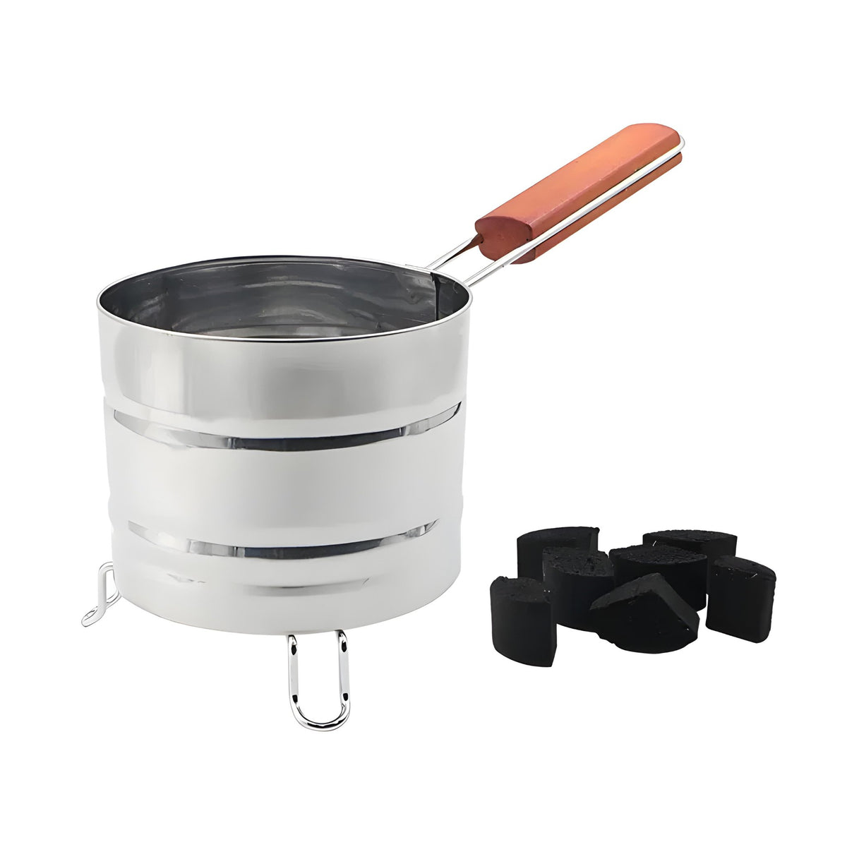 Stainless steel charcoal holder with wooden handle and shisha coals, image 4 of 9