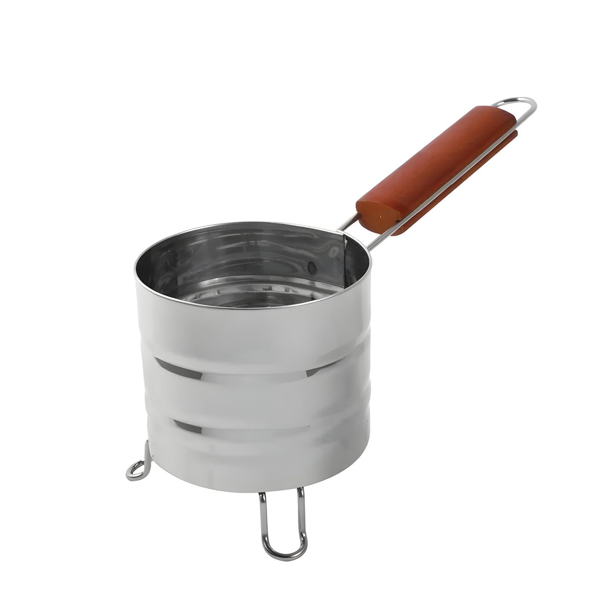 Stainless steel charcoal holder with wooden handle, side view, image 5 of 9