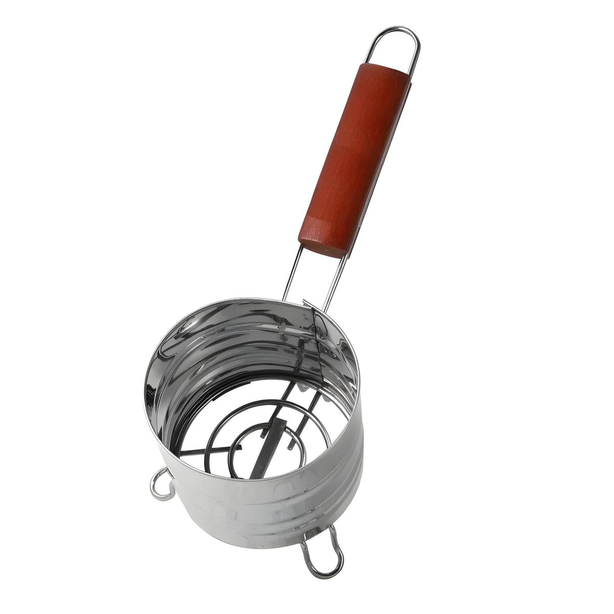 Stainless steel charcoal holder with wooden handle, top view showing interior structure, image 6 of 9