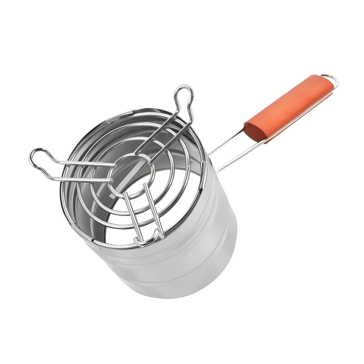 Stainless steel charcoal holder with wooden handle, bottom view showing grill structure, image 7 of 9