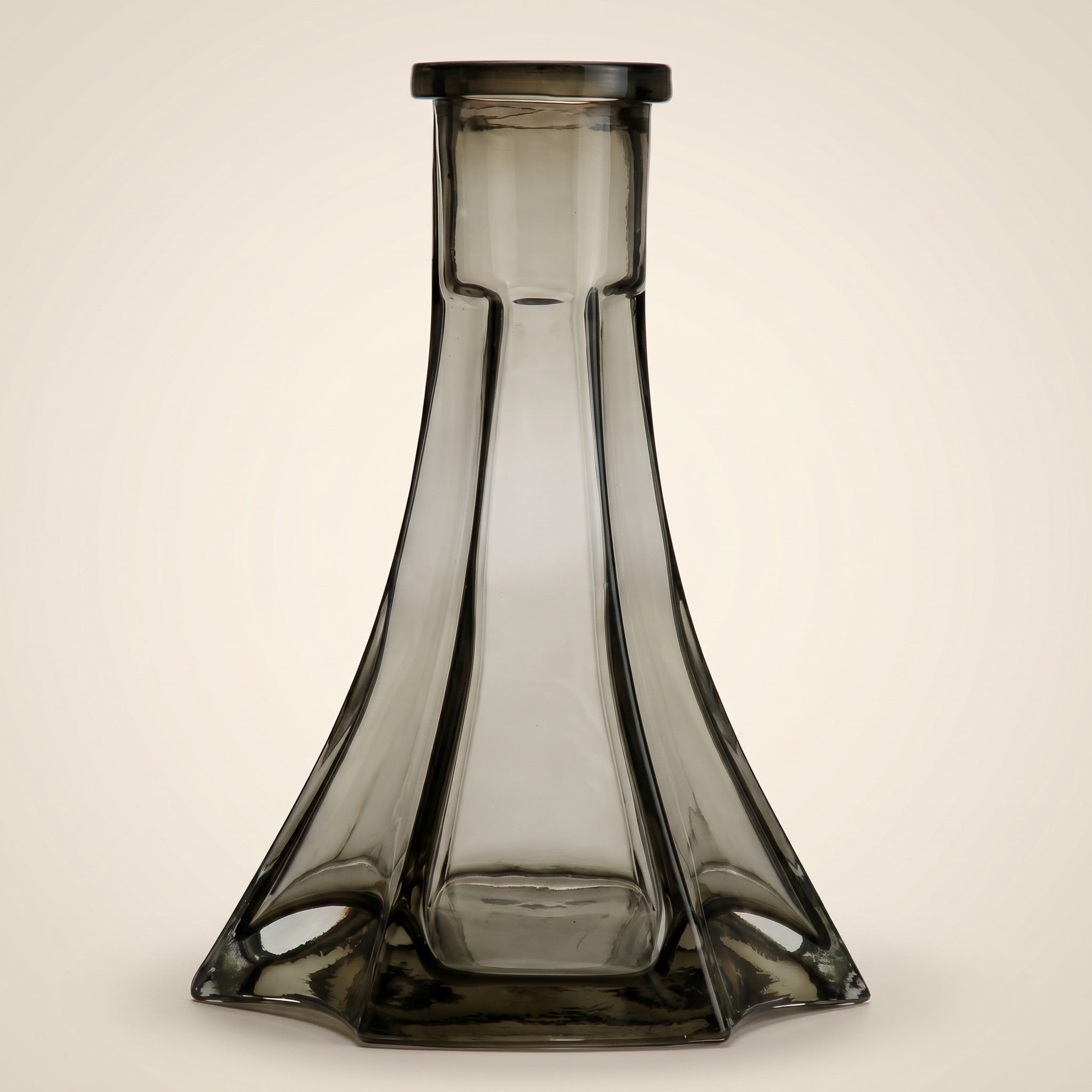 Starlight black tint faceted glass hookah base, smoky transparent Russian-style vase with vertical cut-glass panels and star footprint