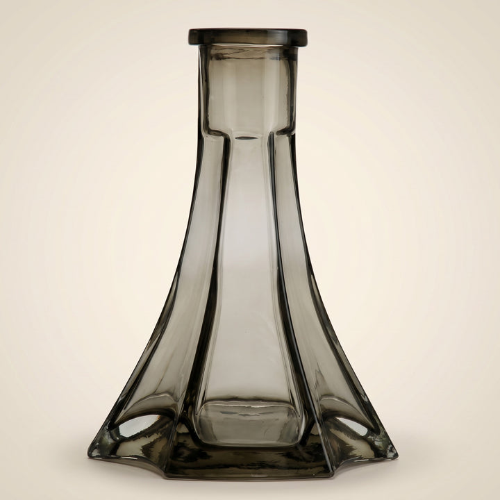Starlight black tint faceted glass hookah base, smoky transparent Russian-style vase with vertical cut-glass panels and star footprint