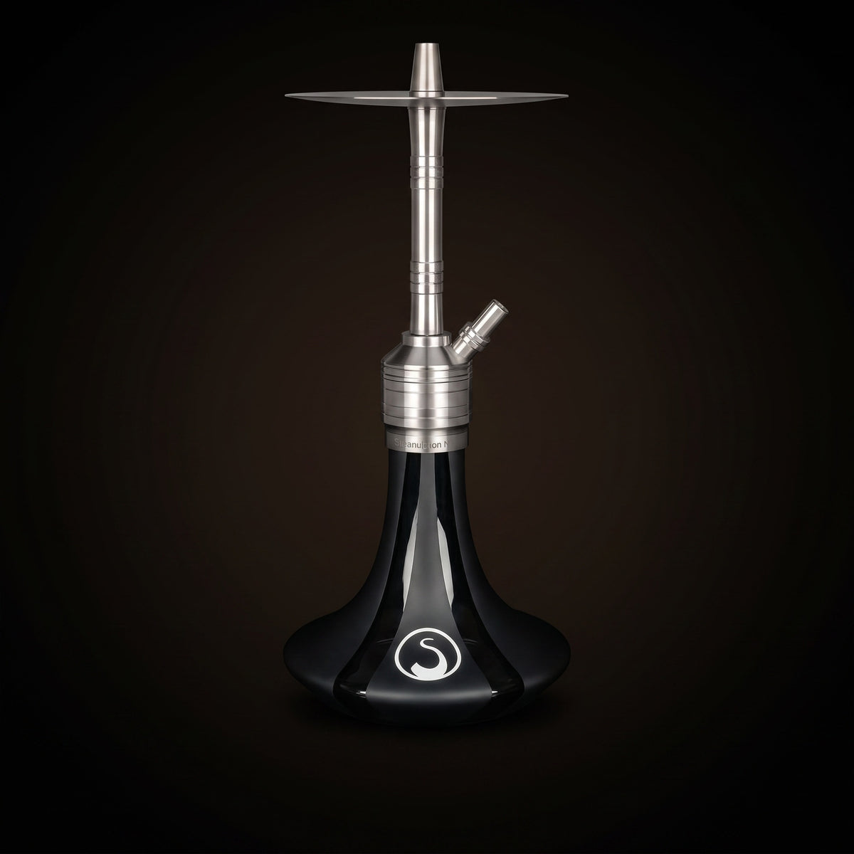 Steamulation Mini Gen II Black Matt hookah on warm dark backdrop, brushed satin stem and matte base, The Premium Way, image 4 of 12