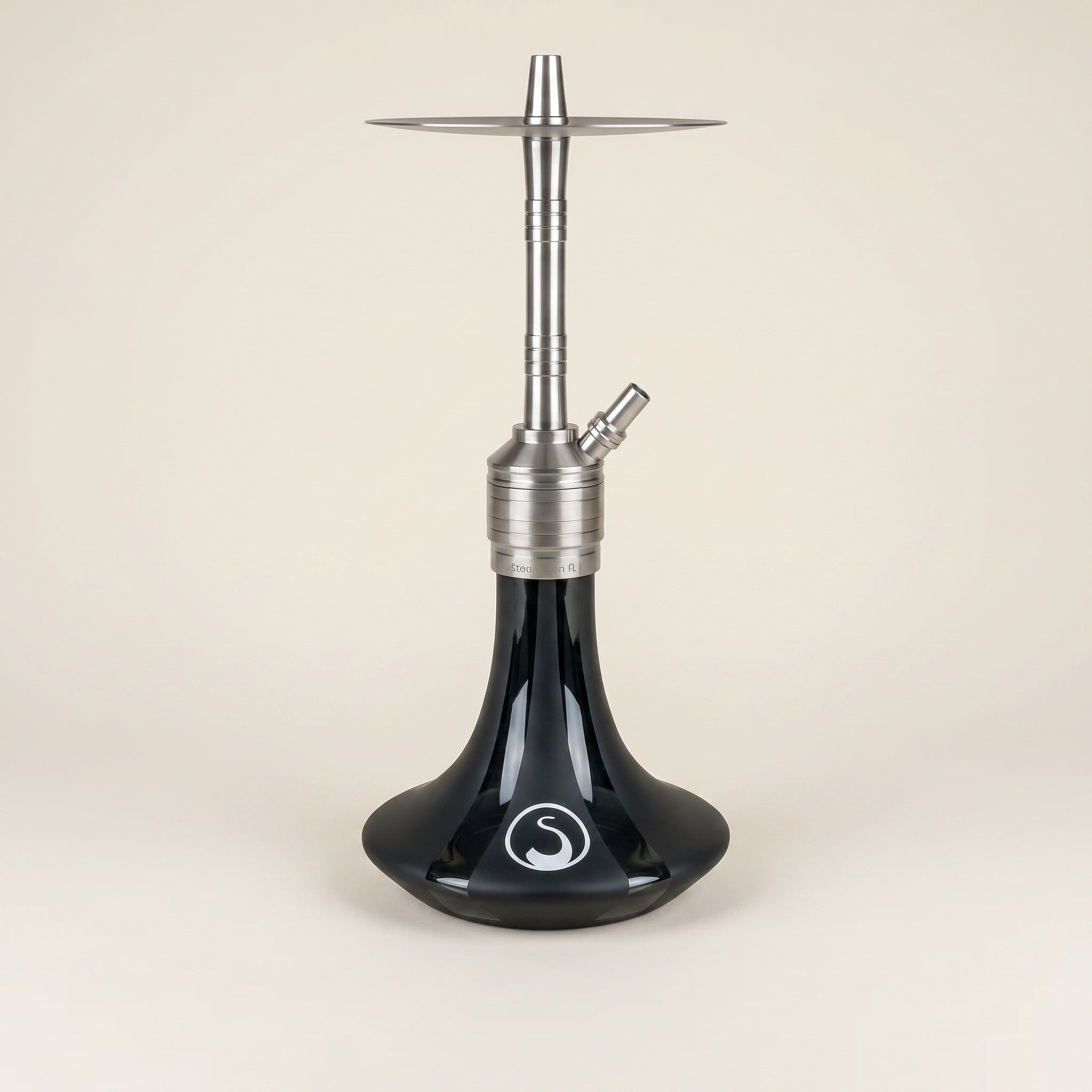 Steamulation Mini Gen II Black Matt hookah three-quarter view showing satin stem and bell-flared base, The Premium Way