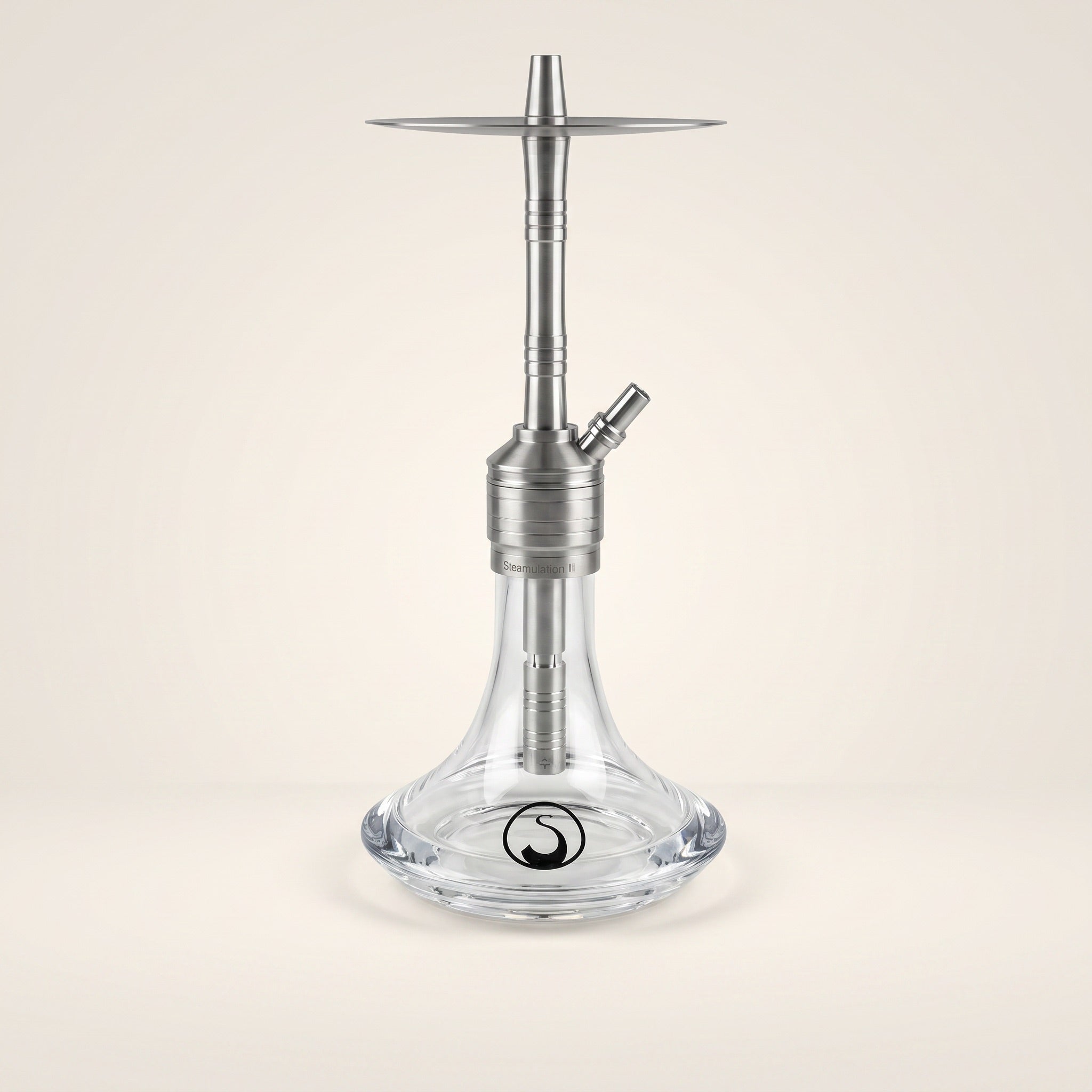 Steamulation Mini Gen II Clear hookah with brushed V2A stainless steel stem and low-wide clear crystal glass base