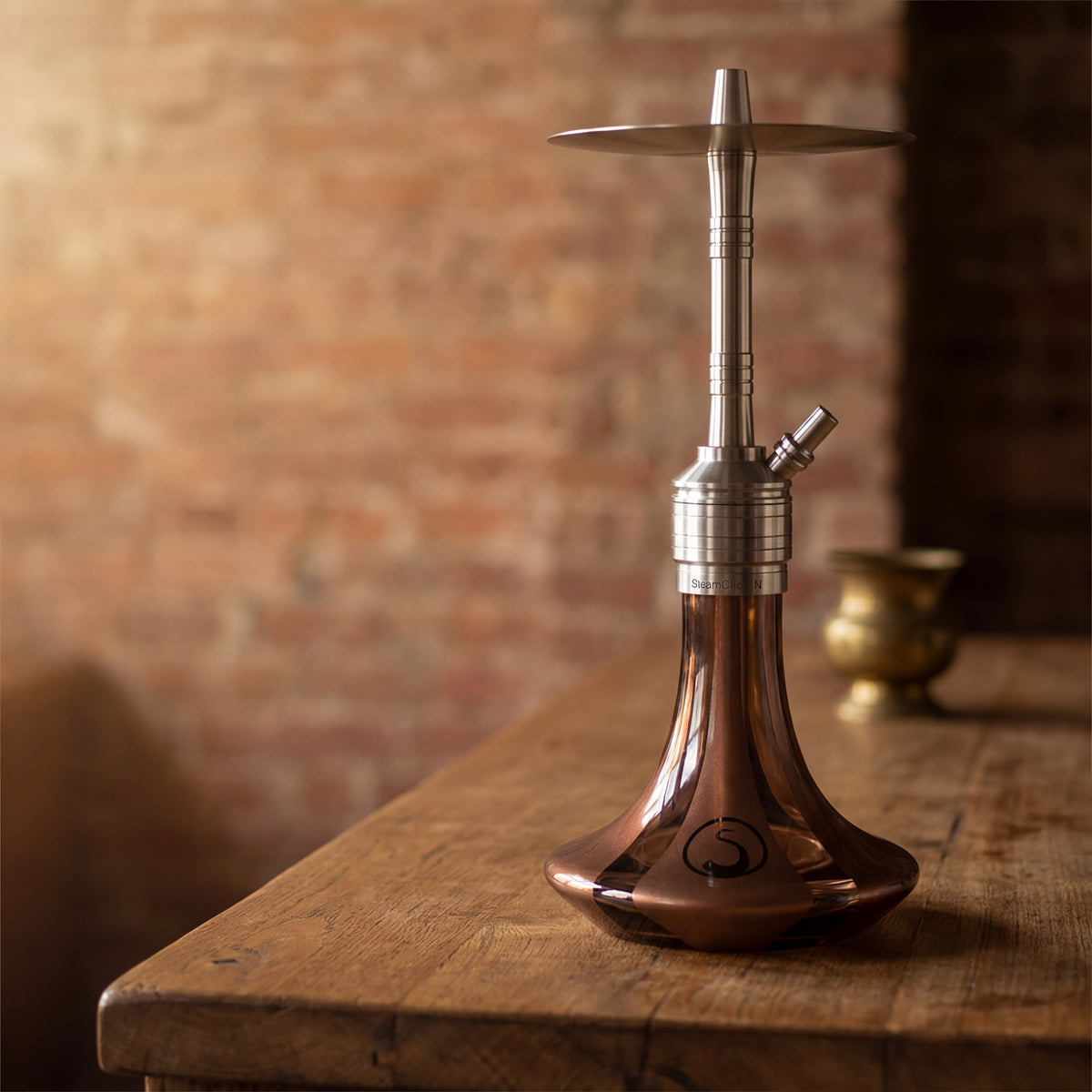 Steamulation Mini Gen II Copper Metallic on reclaimed wood counter in Melbourne warehouse interior, warm industrial setting, image 3 of 10