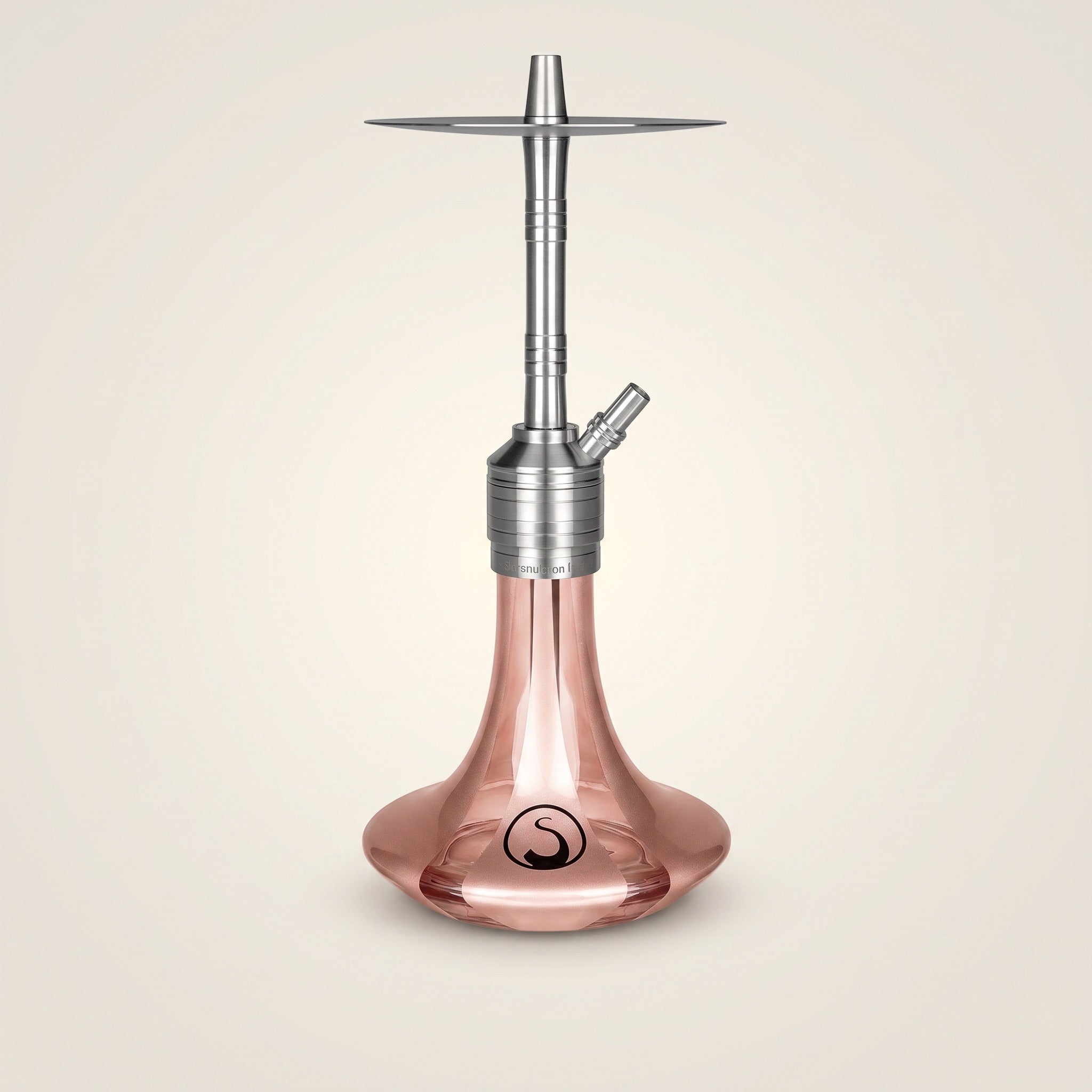 Steamulation Mini Gen II Rose Metallic hookah front view, rose-tinted glass base, silver stainless stem, 39cm German design