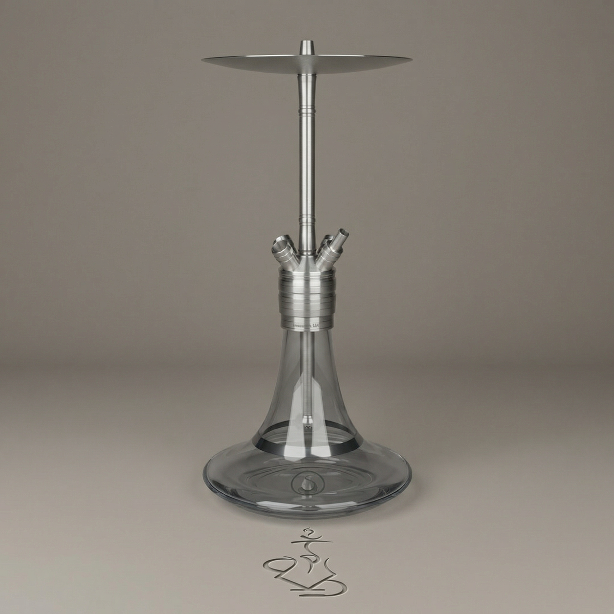 Steamulation Ultimate Gen II hookah in Clear finish with smooth transparent glass base on a warm grey surface, image 2 of 2