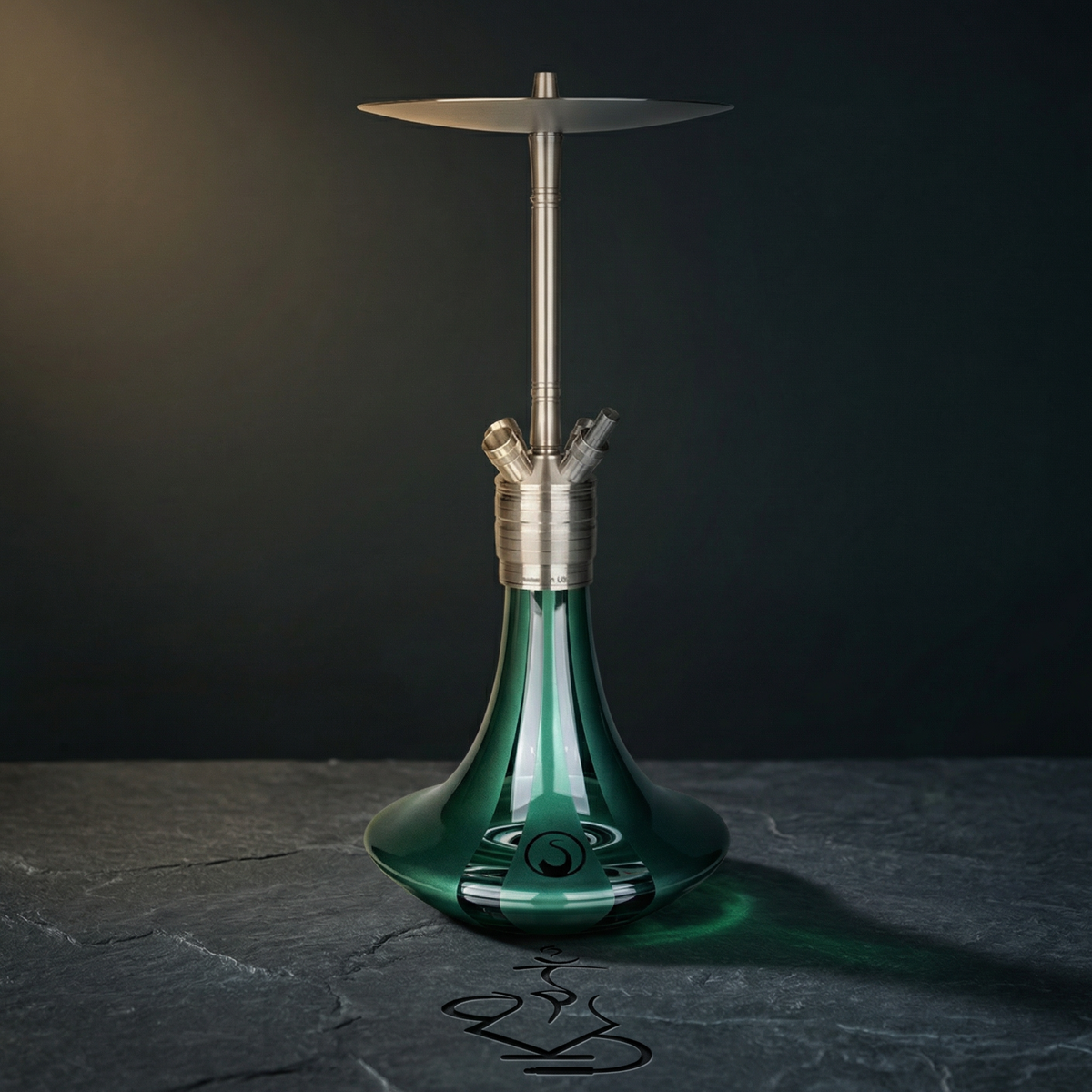 Steamulation Ultimate Gen II hookah in Emerald Green Metallic finish with deep jewel-toned green satin base on a dark slate surface, image 2 of 2