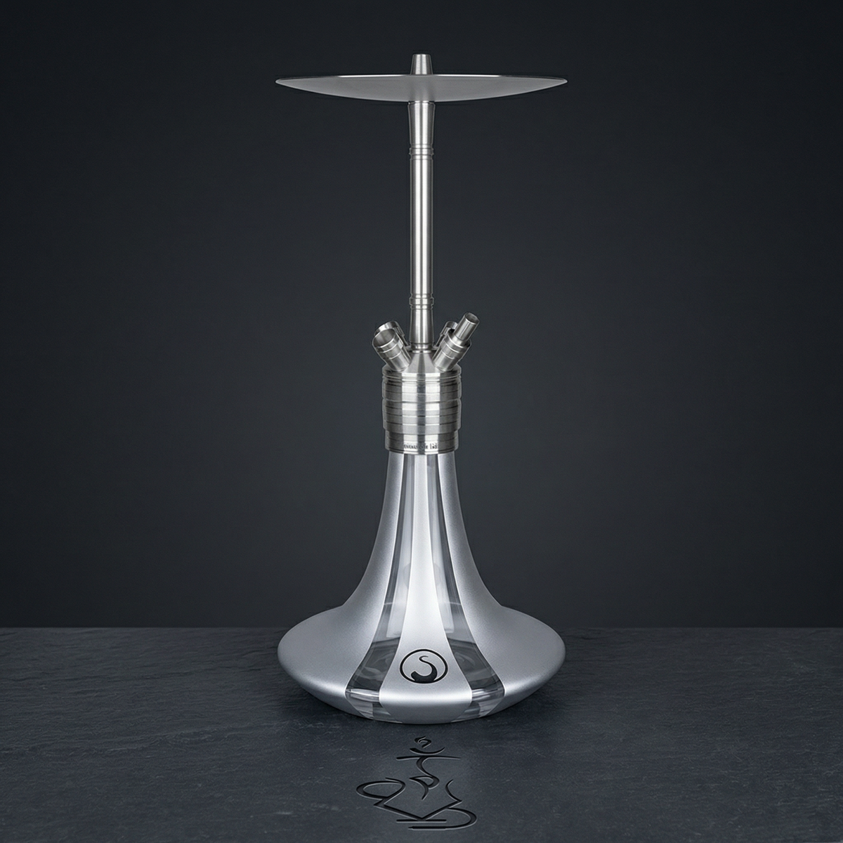 Steamulation Ultimate Gen II hookah in Silver Matt Metallic finish with cool silver satin base on a dark charcoal slate surface, image 2 of 2