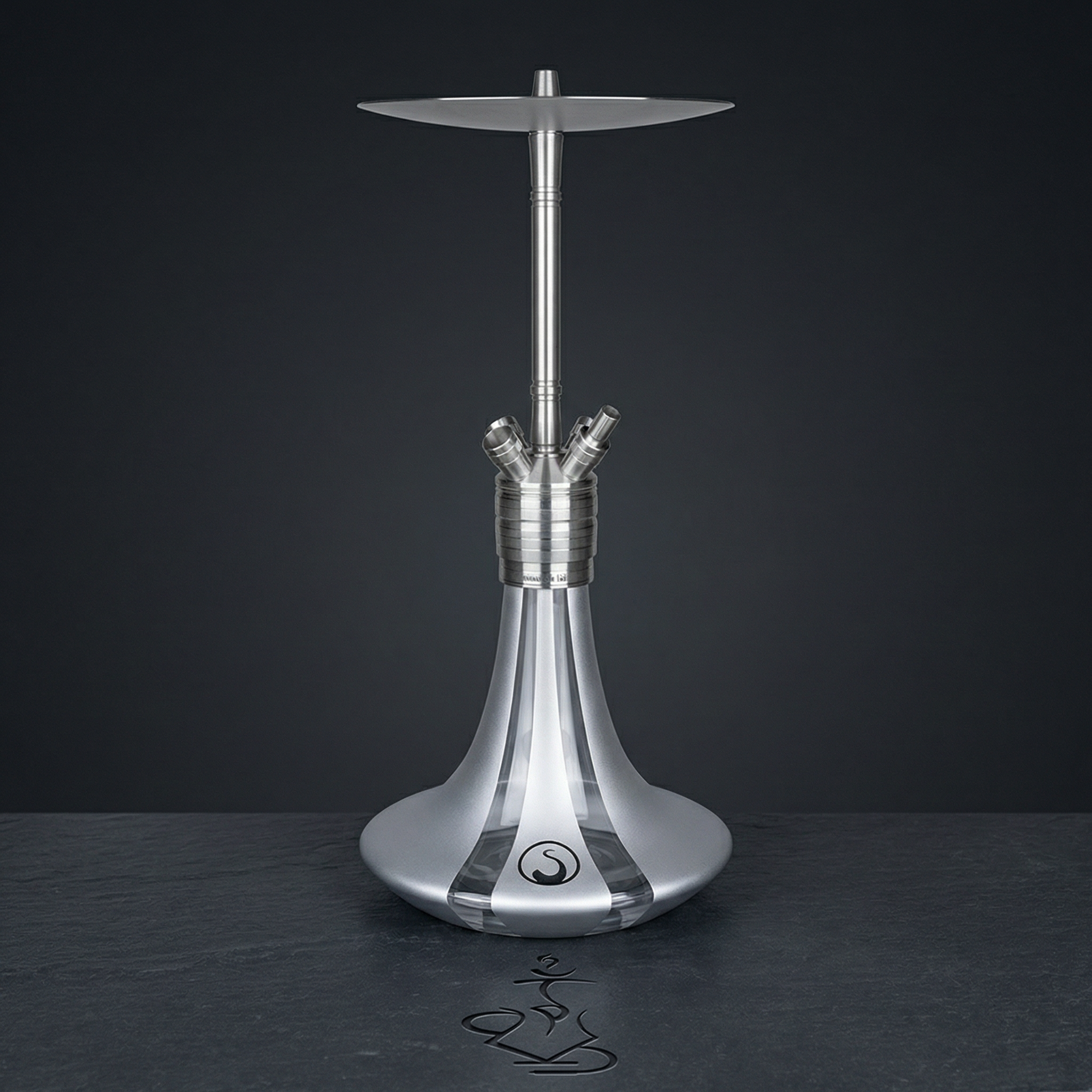 Steamulation Ultimate Gen II hookah in Silver Matt Metallic finish with cool silver satin base on a dark charcoal slate surface