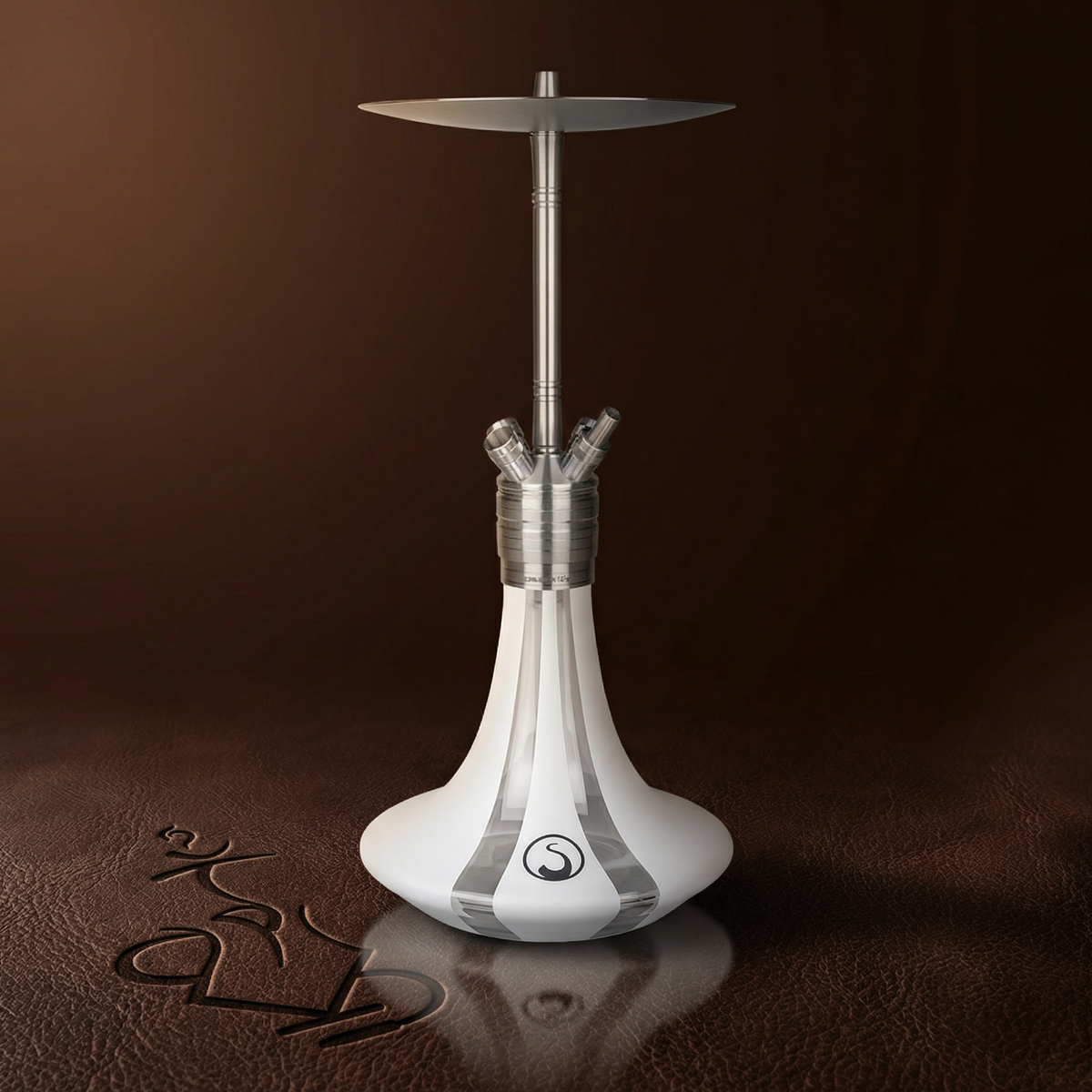 Steamulation Ultimate Gen II hookah in White Matt finish with soft white satin base on a deep espresso leather surface, image 2 of 2