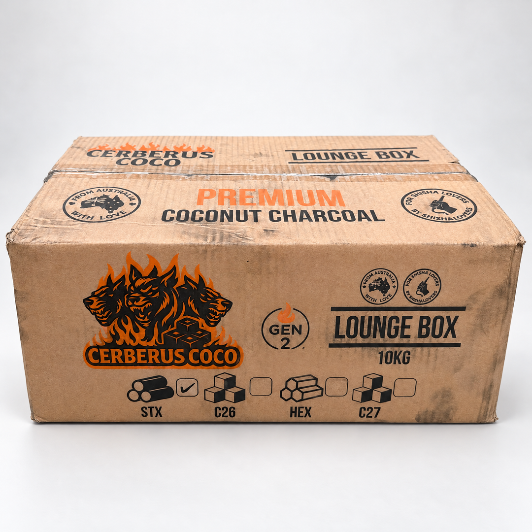 Cerberus Coco Gen 2 Lounge Box 10 kg carton, STX ticked, finger shisha charcoal