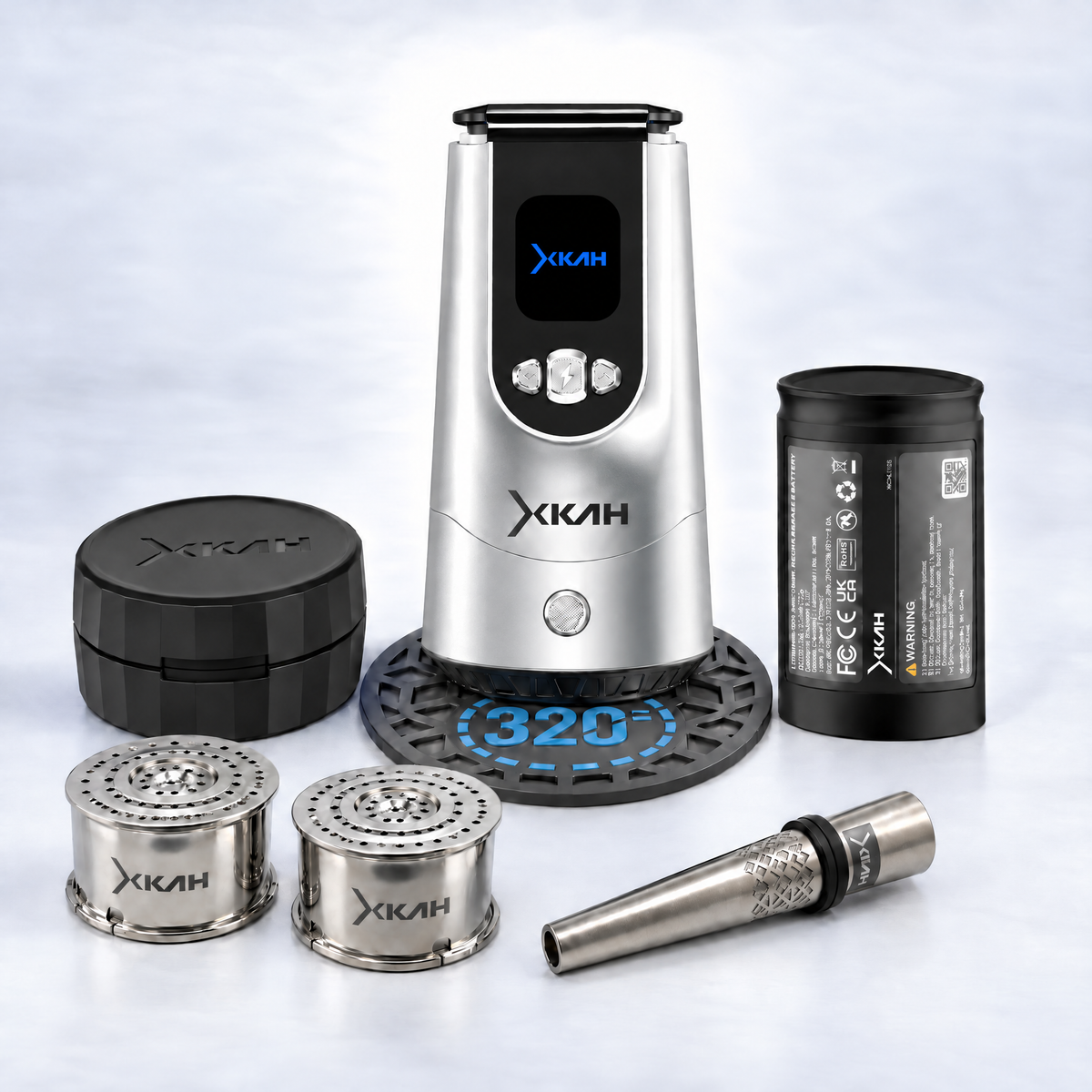 XKAH Pro Complete Kit, Silver Pro with Black carry case: Pro, spare battery, bowls, case, mouthpiece and 320 base mat