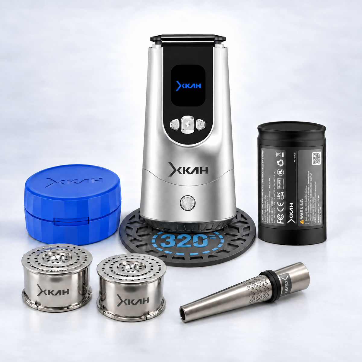 XKAH Pro Complete Kit, Silver Pro with Blue carry case: Pro, spare battery, bowls, case, mouthpiece and 320 base mat