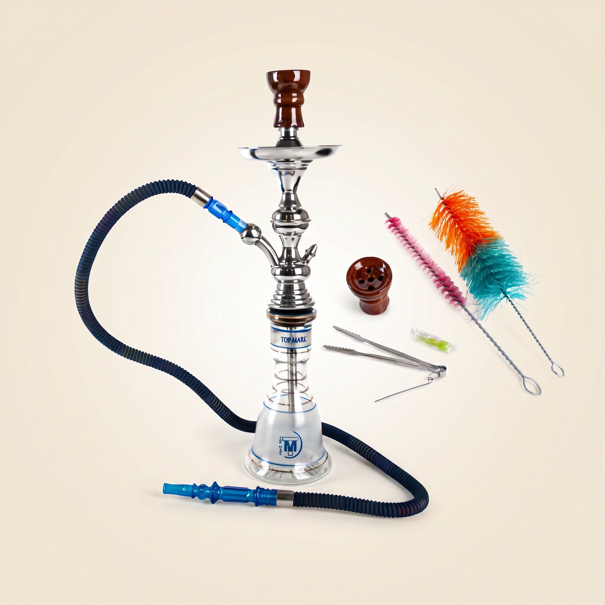 Top Mark Sokar 22/1 Egyptian shisha pipe kit with stainless steel stem, hand-painted glass base, hose, clay bowl and cleaning brushes