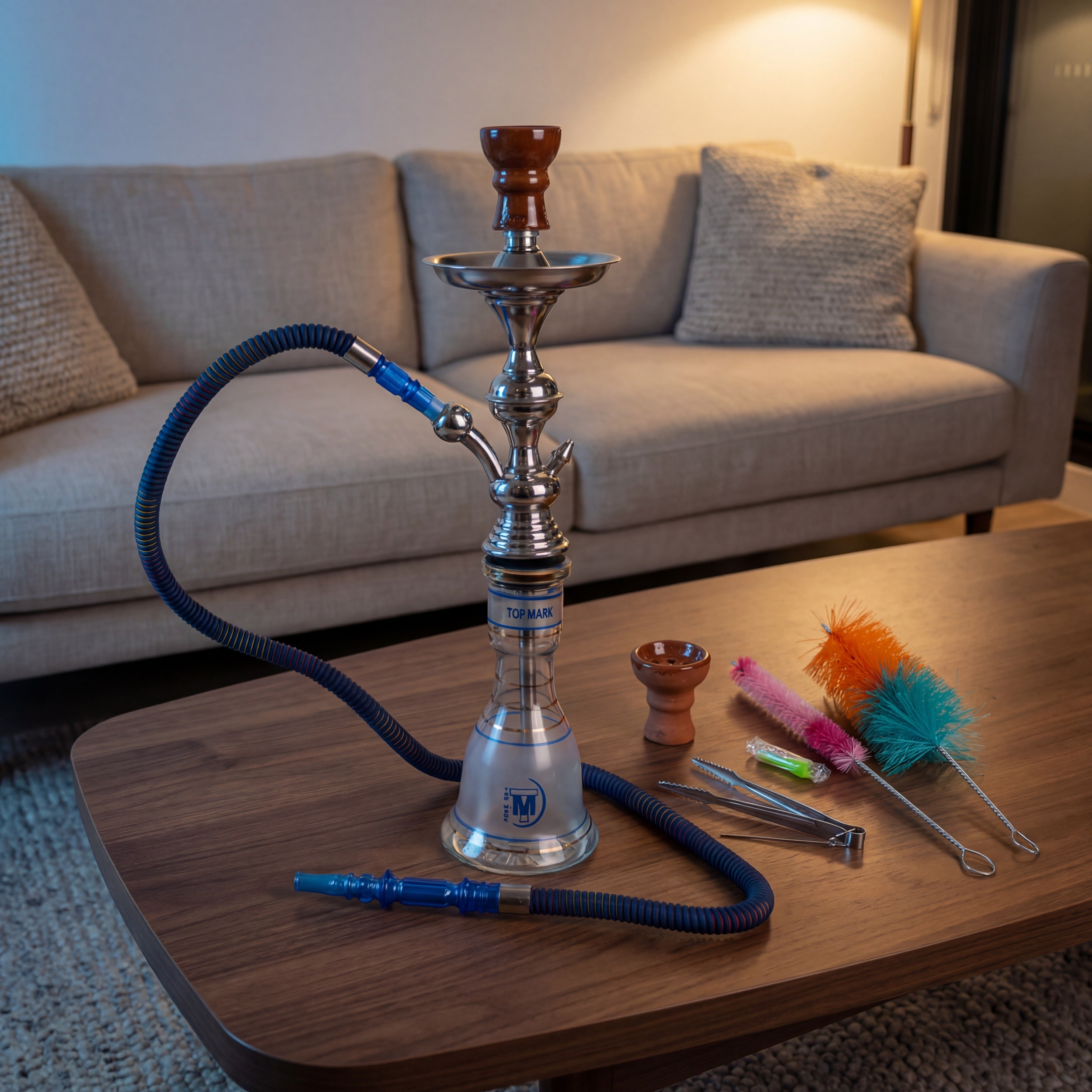 Top Mark Sokar 22/1 Egyptian shisha pipe and complete kit arranged on a walnut coffee table in a warm-lit lounge