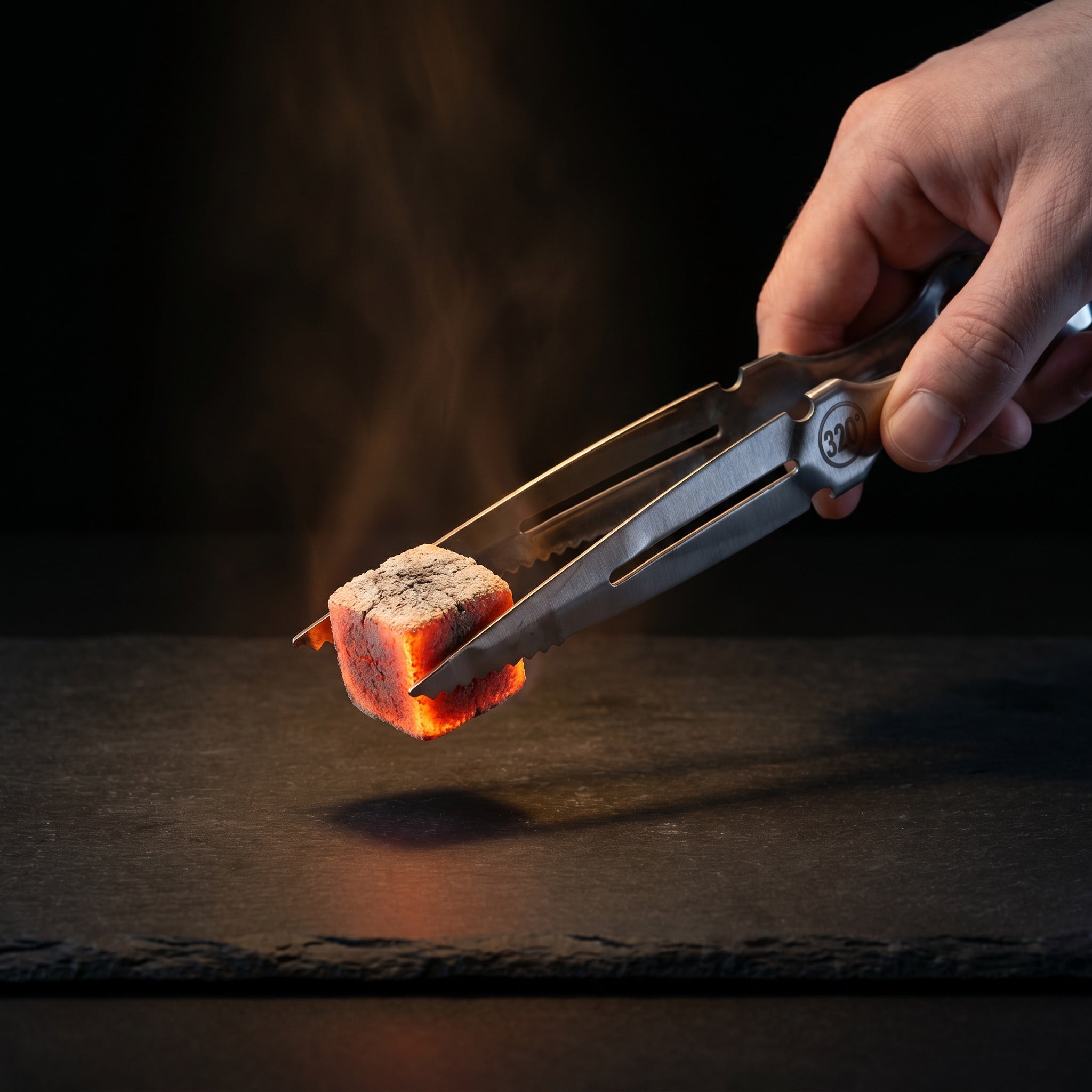 Hand using 320° silver hookah tongs to grip a lit coconut charcoal cube — The Premium Way
