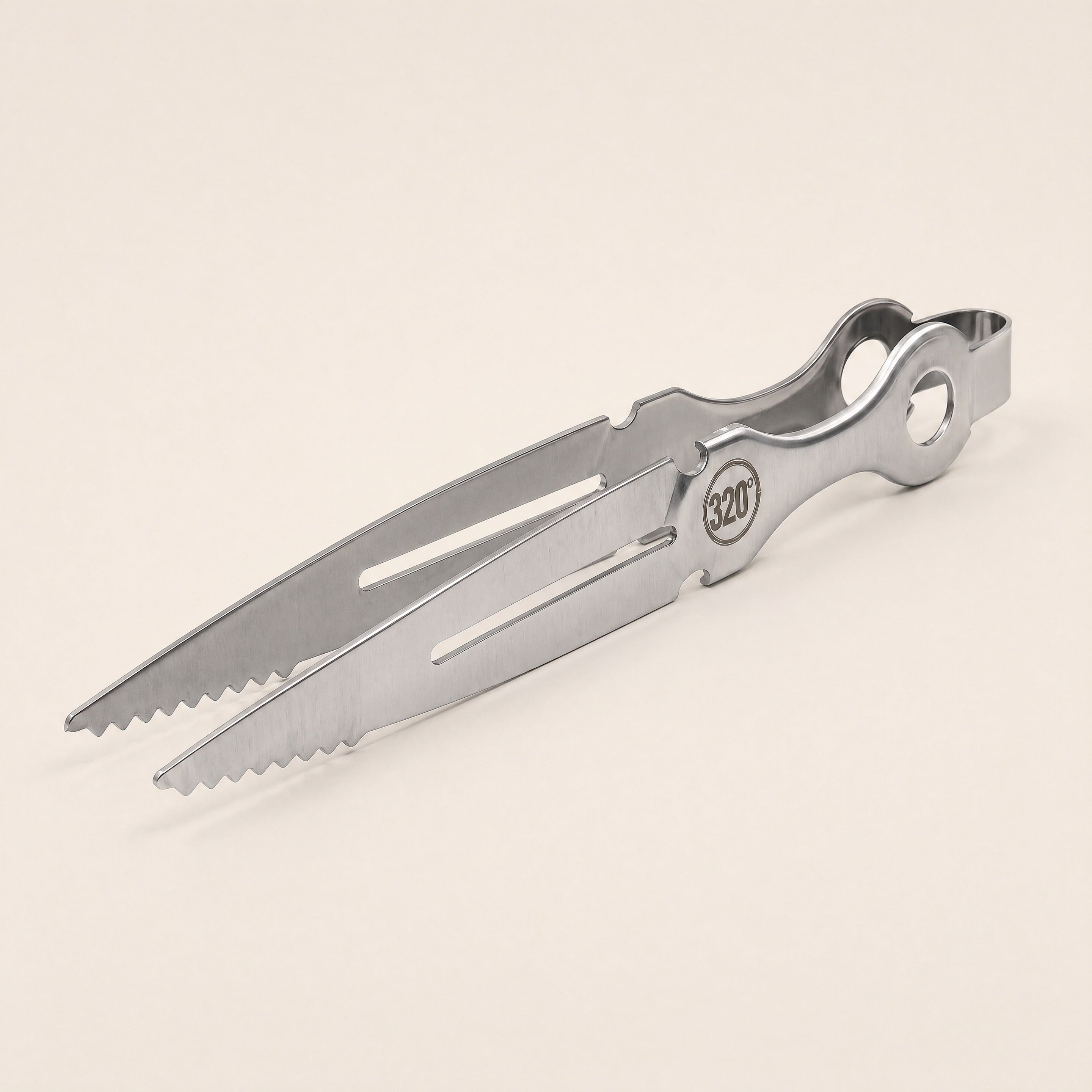 320° silver stainless steel hookah tongs with serrated tips, three-quarter studio view — The Premium Way
