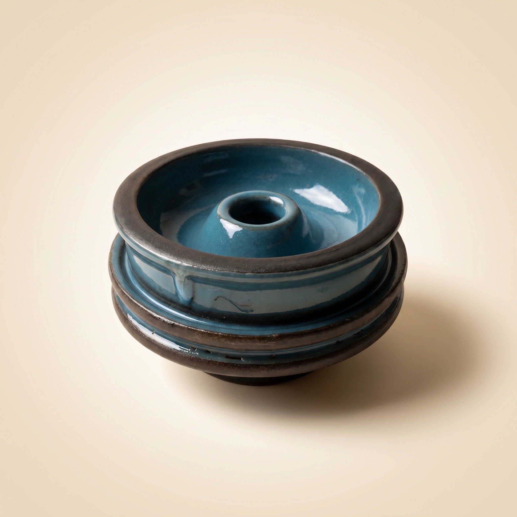 Diablo Abyss phunnel shisha bowl, deep teal-blue glaze with matte dark clay bands on stacked ceramic body, The Premium Way