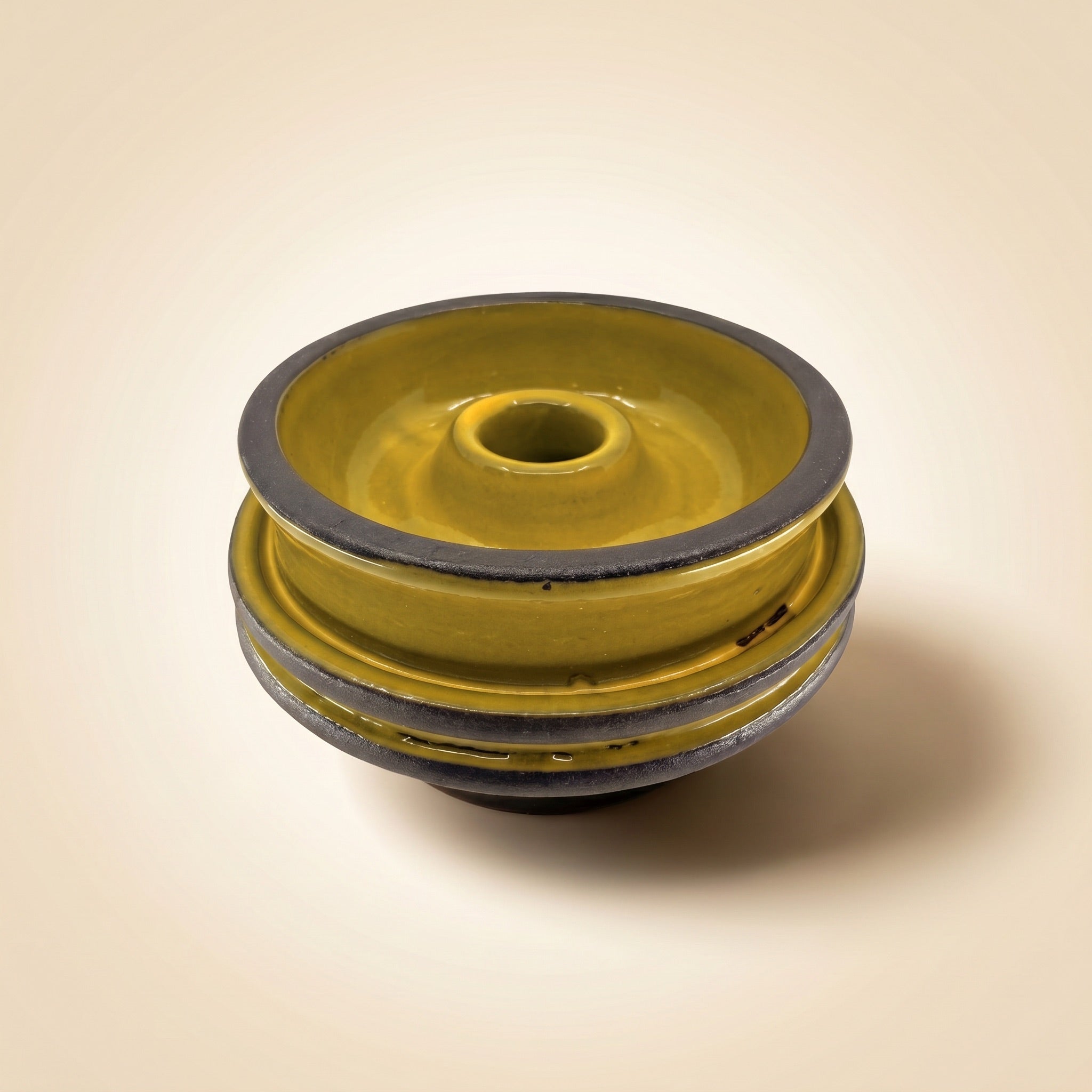 Diablo Desert phunnel shisha bowl, mustard-ochre glaze with matte dark clay bands on stacked ceramic body, The Premium Way