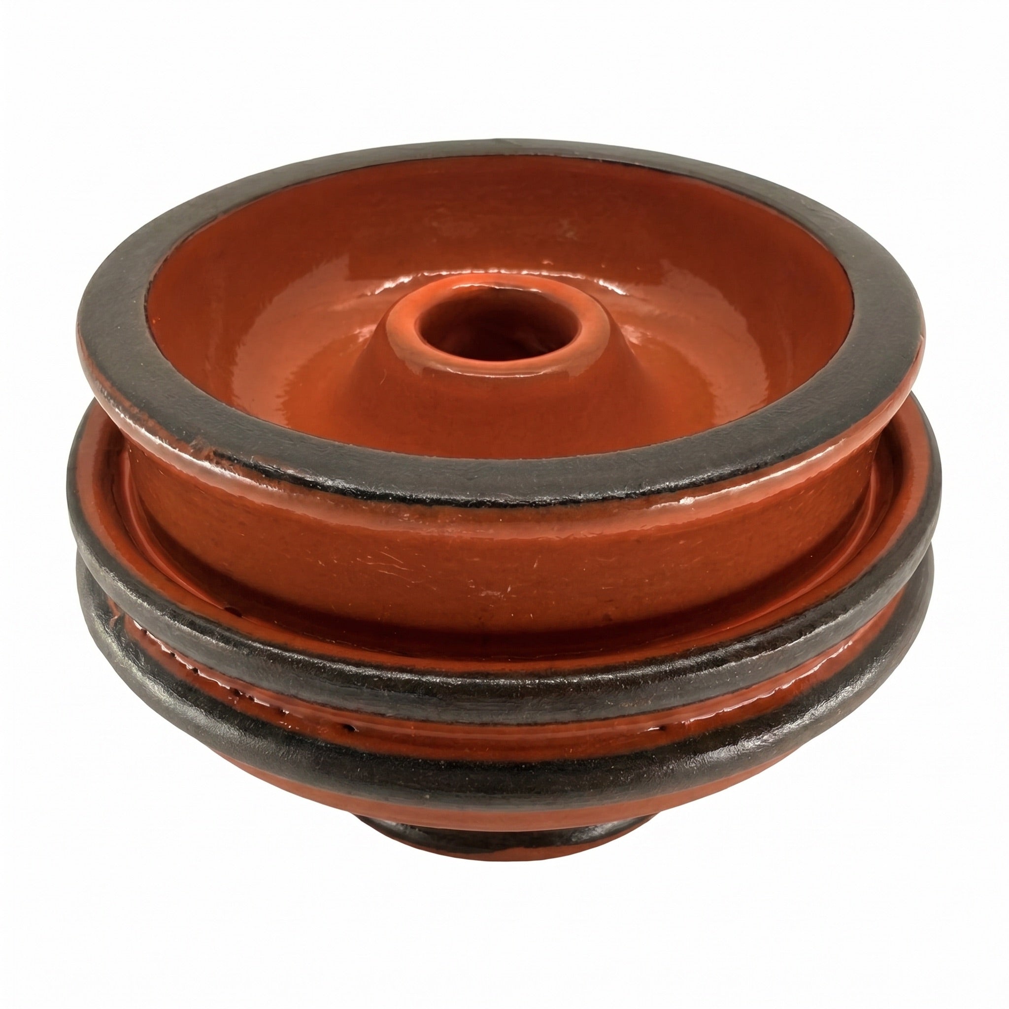 Diablo Rust phunnel shisha bowl on pure white, stacked-disc ceramic body with terracotta glaze and dark clay rim bands, The Premium Way