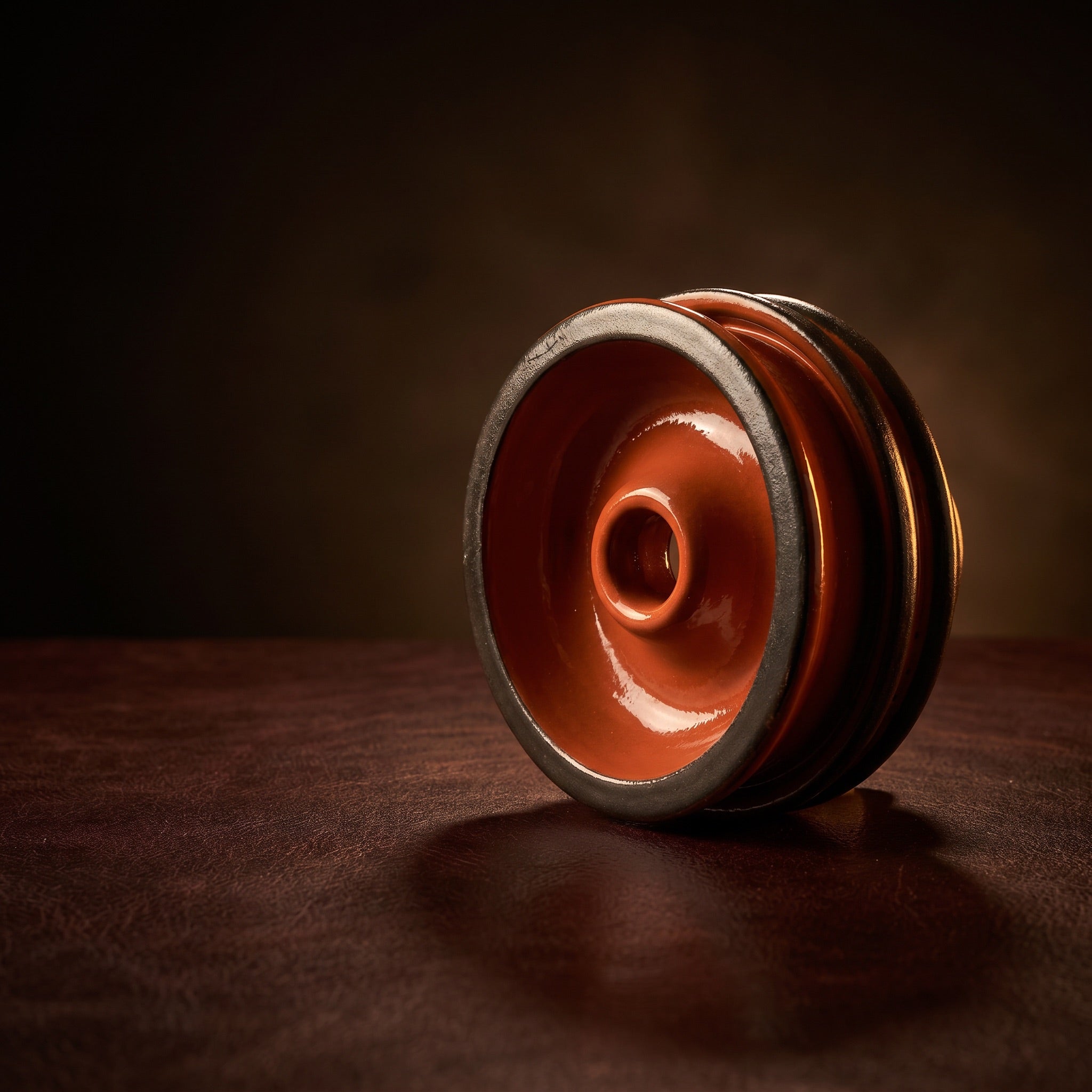 Diablo Rust phunnel shisha bowl on oxblood leather, warm rim light highlighting terracotta glaze and dark clay bands, The Premium Way