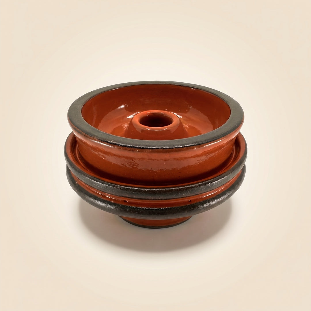 Diablo Rust phunnel shisha bowl, glossy terracotta glaze with matte dark clay bands on stacked ceramic body, The Premium Way