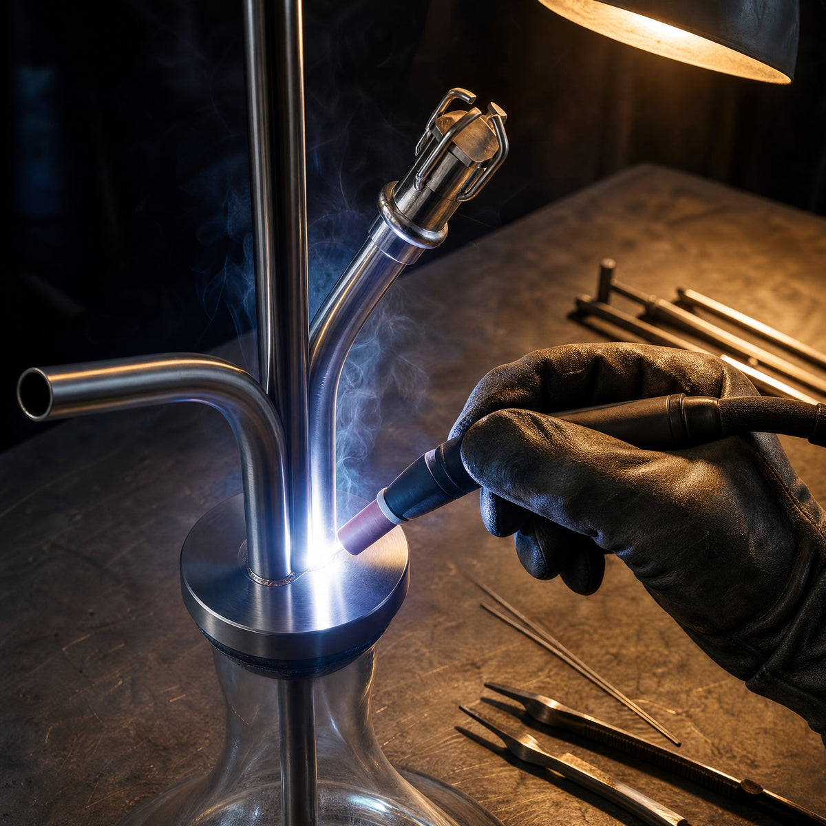 VZ Hookah Classic mid-construction under TIG weld, hand-built in Krasnodar, Russian metalwork craftsmanship., image 3 of 11