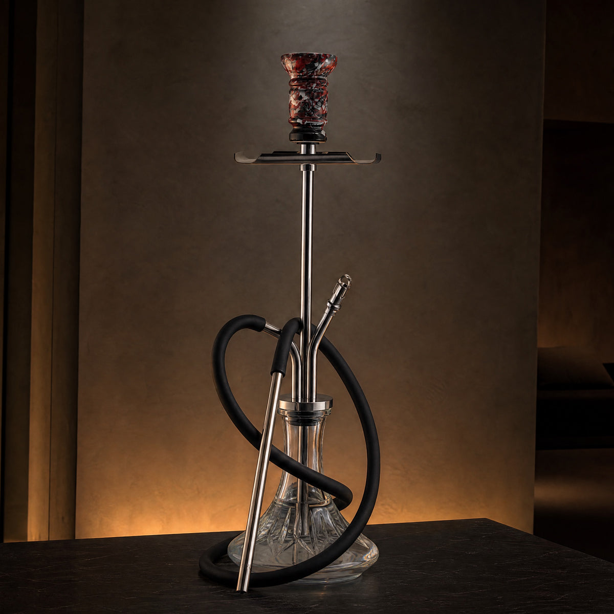 VZ Hookah Classic in collector's session corner, session-ready setup with hose coiled and bowl on top., image 10 of 11