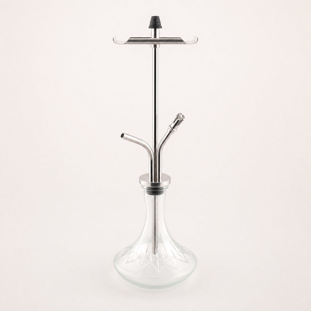 VZ Hookah Classic in AISI 304 stainless steel, three-quarter view showing tray, stem, and etched glass base.