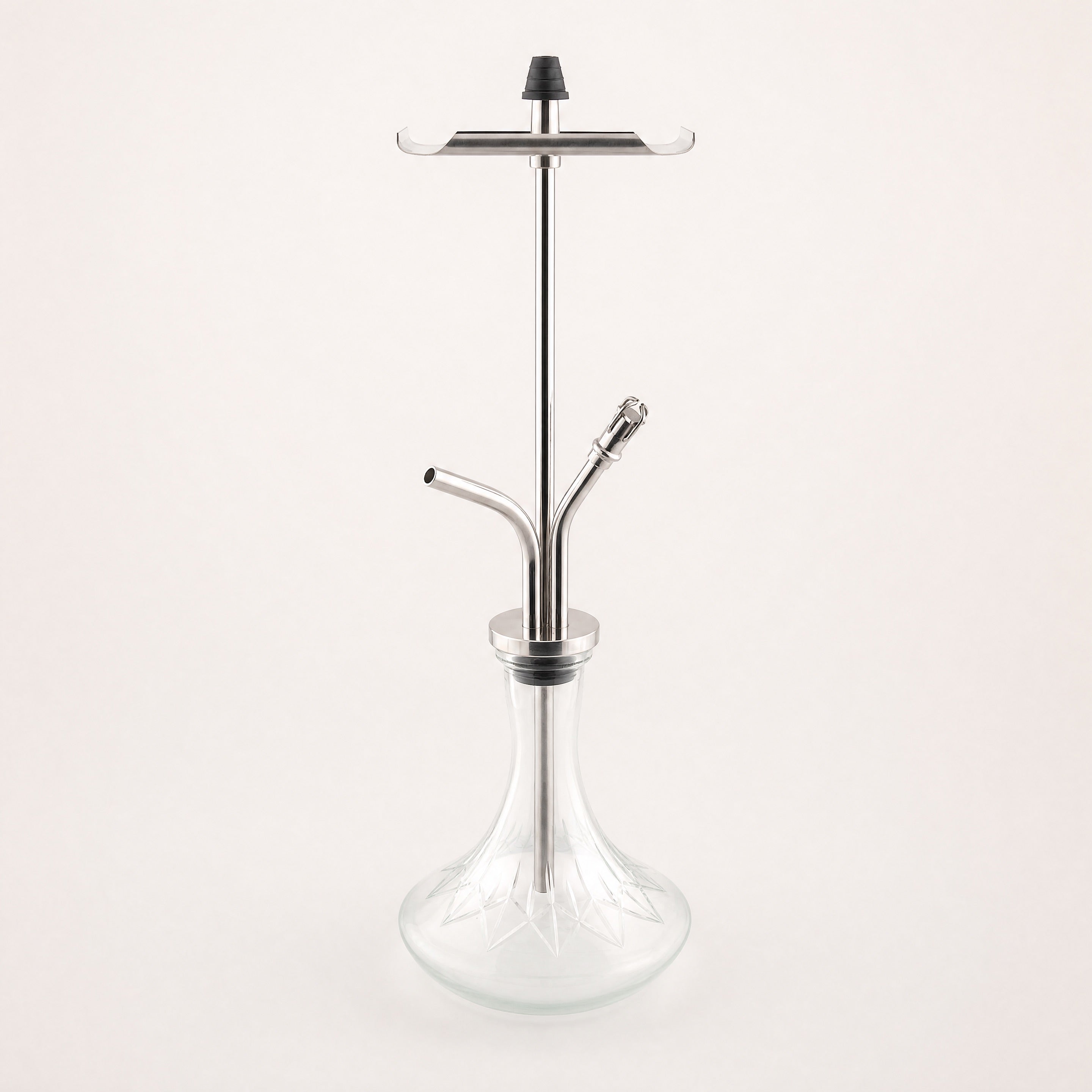 VZ Hookah Classic in AISI 304 stainless steel, three-quarter view showing tray, stem, and etched glass base.
