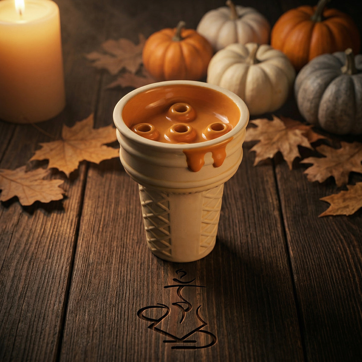 Werkbund Gelato Pumpkin Drip bowl in a moody autumn still life with pumpkins, maple leaves and warm candlelight on aged wood, a limited edition Halloween shisha bowl., image 5 of 10