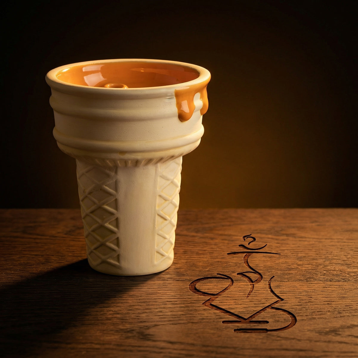 Werkbund Gelato Pumpkin Drip limited Halloween edition bowl lit dramatically on dark stained oak, the glossy orange drip glaze glowing against a warm amber backdrop., image 2 of 10