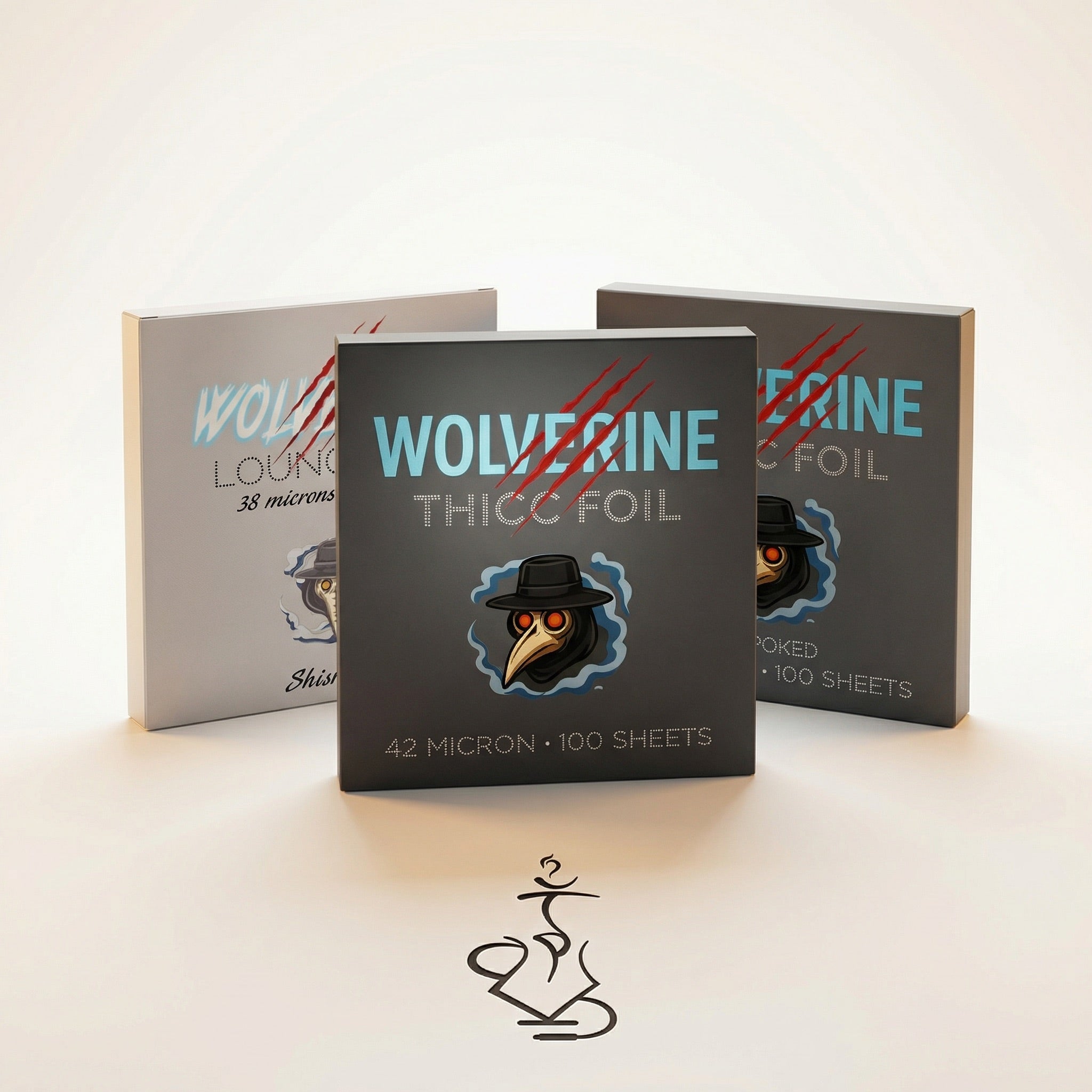 Wolverine hookah foil product family — Lounge 38-micron and Thicc 42-micron plain and pre-poked dispenser boxes together in studio