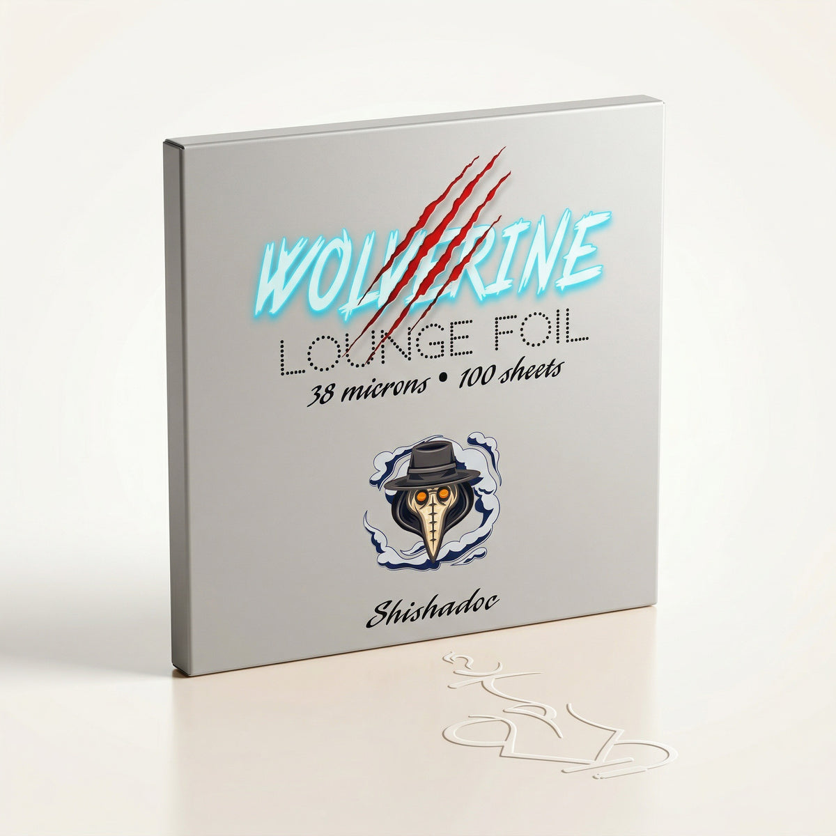 Wolverine Lounge 38-micron hookah foil by ShishaDoc — silver-grey dispenser box with 100 pre-cut aluminium sheets in studio, image 7 of 9