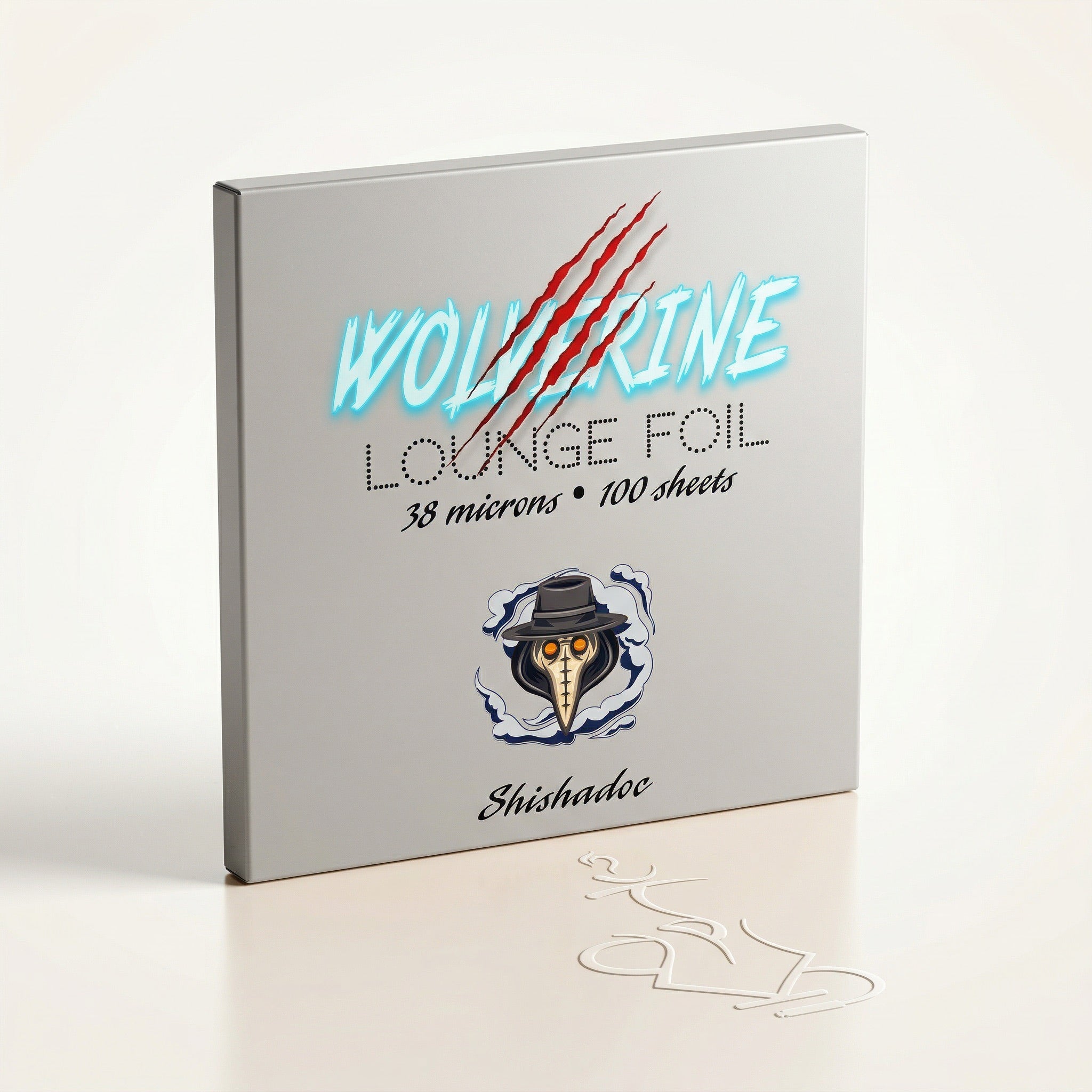 Wolverine Lounge 38-micron hookah foil by ShishaDoc — silver-grey dispenser box with 100 pre-cut aluminium sheets in studio