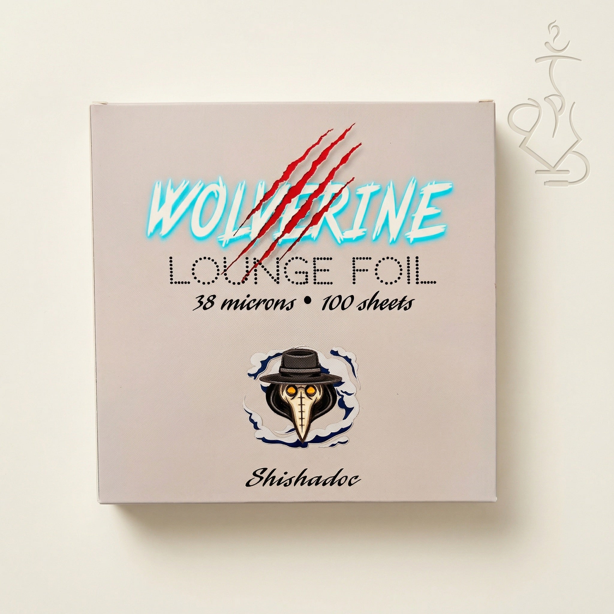 Wolverine Lounge 38-micron hookah foil dispenser box by ShishaDoc — silver-grey box with plague doctor mascot and 100 pre-cut sheets