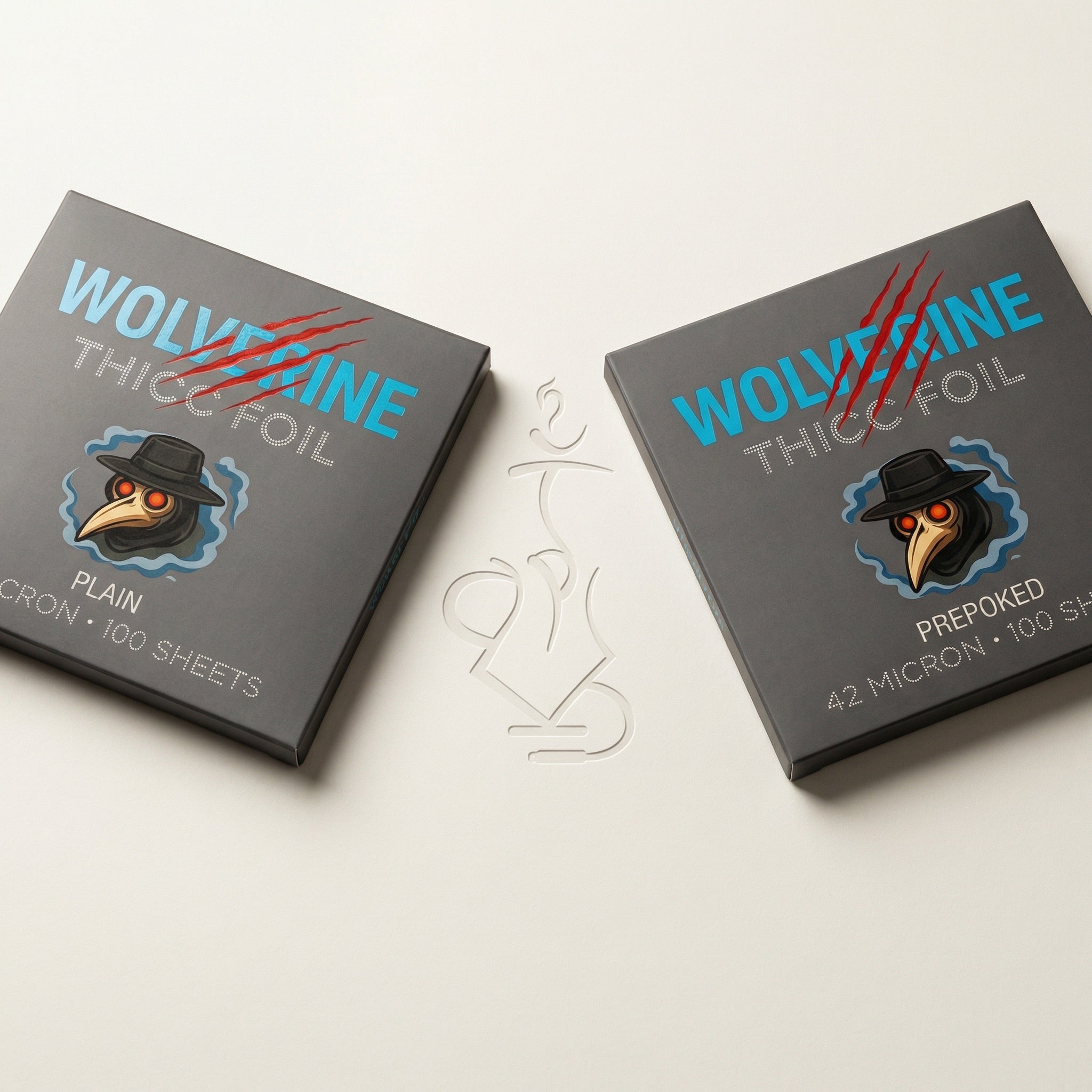 Wolverine Thicc 42-micron hookah foil plain and pre-poked dispenser boxes side by side showing variant difference