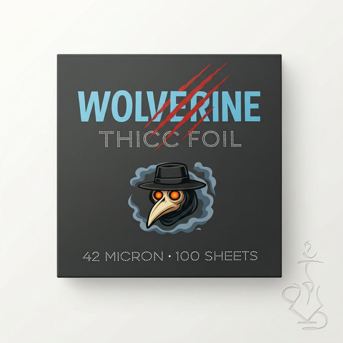 Wolverine Thicc 42-micron plain hookah foil dispenser box — dark charcoal box with cyan branding and plague doctor mascot, image 9 of 9